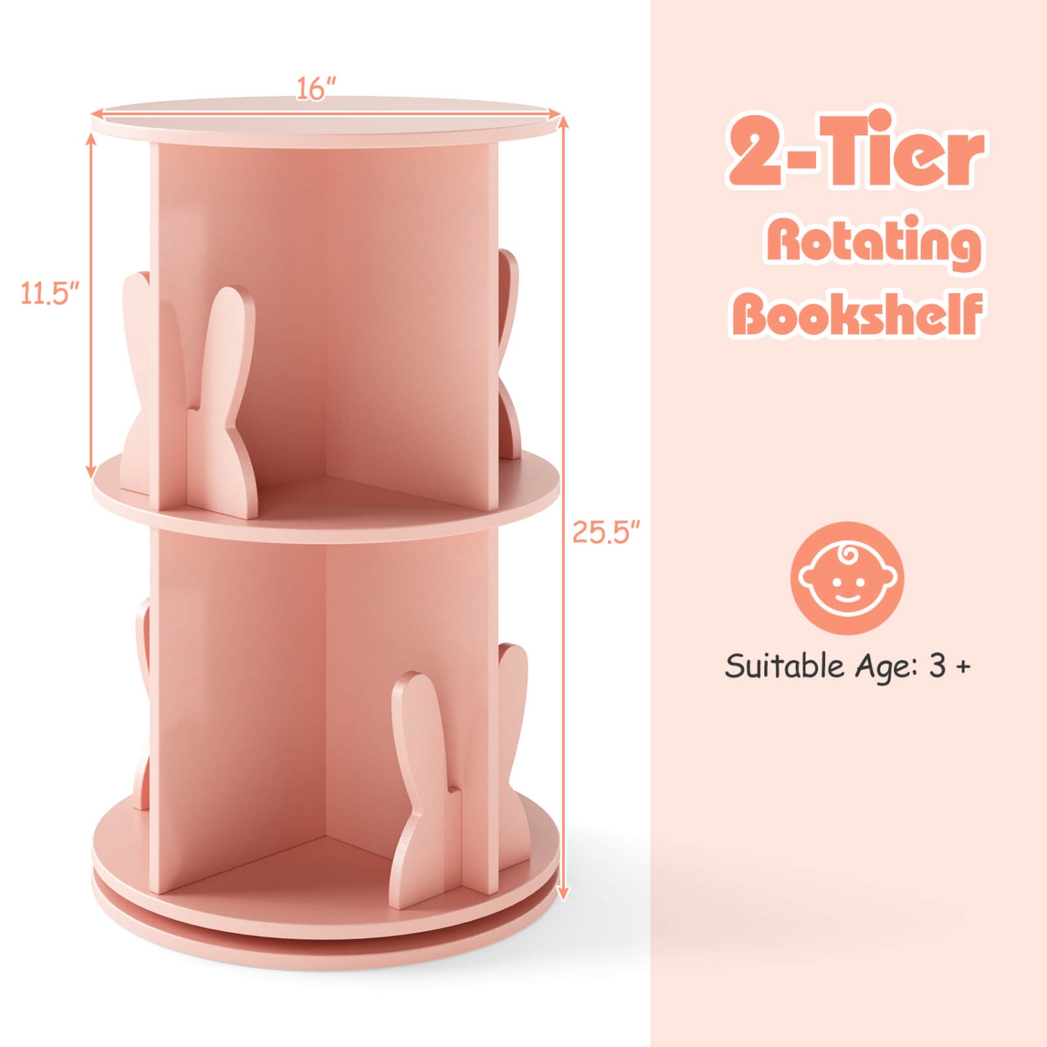 Étagère de rangement rotative à 2 tablettes pour enfants avec présentoir autoportant pivotant à 360° de Costway, blanc/rose