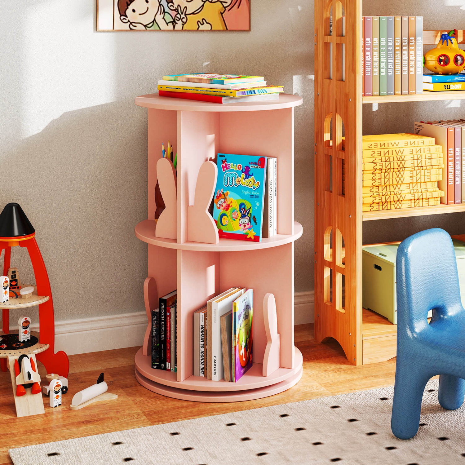 Étagère de rangement rotative à 2 tablettes pour enfants avec présentoir autoportant pivotant à 360° de Costway, blanc/rose