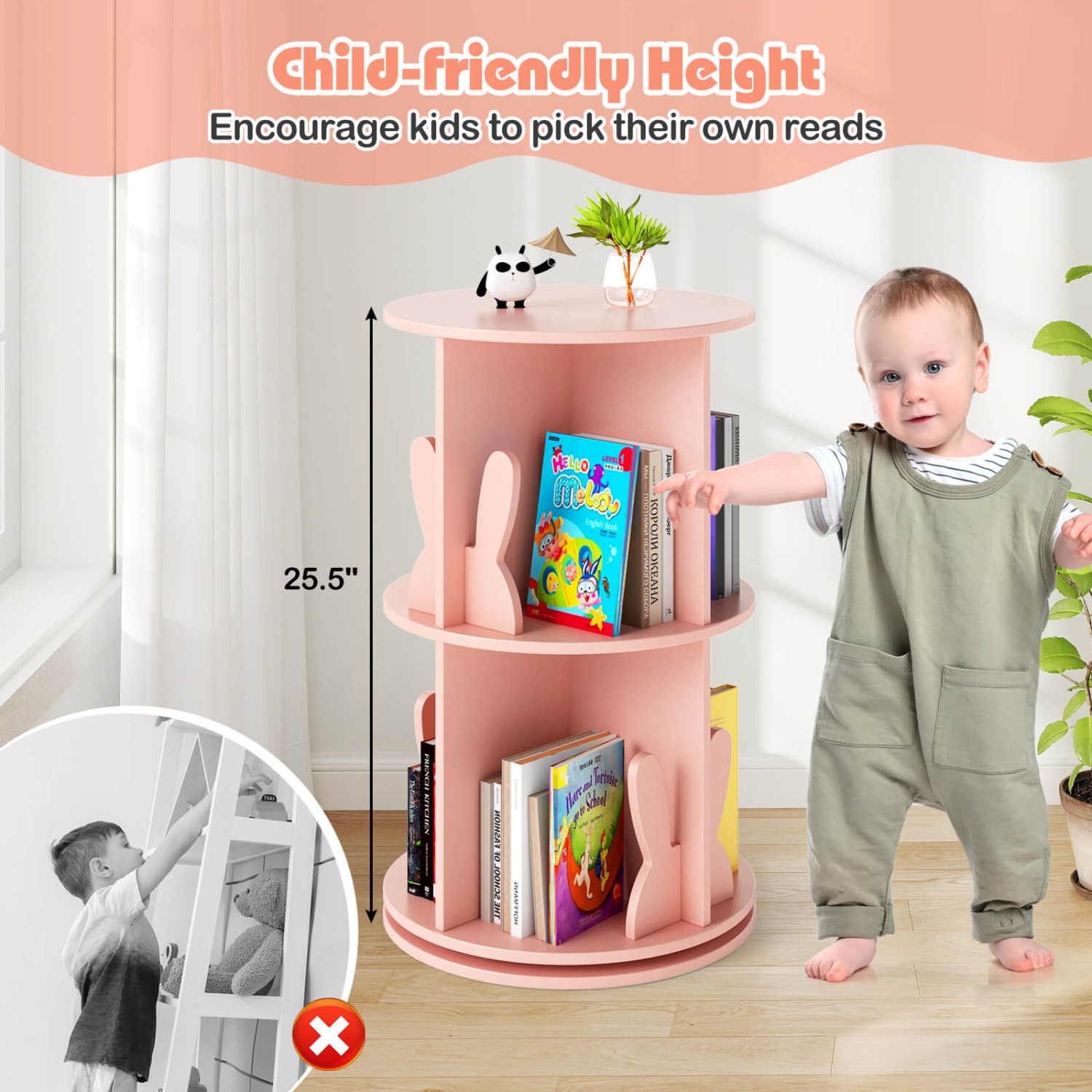 Étagère de rangement rotative à 2 tablettes pour enfants avec présentoir autoportant pivotant à 360° de Costway, blanc/rose