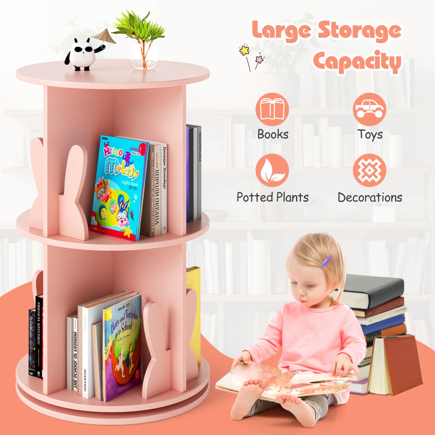 Étagère de rangement rotative à 2 tablettes pour enfants avec présentoir autoportant pivotant à 360° de Costway, blanc/rose