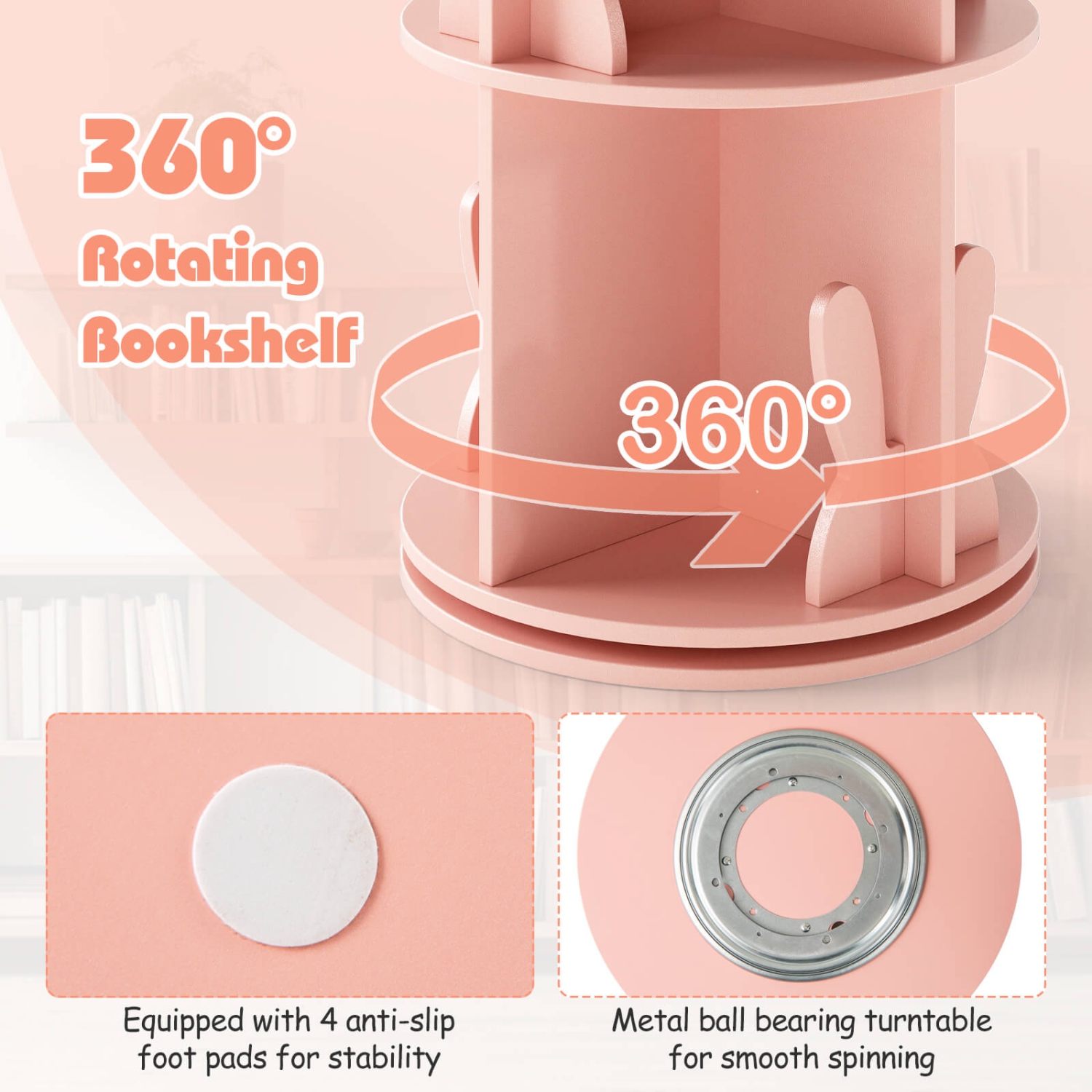 Étagère de rangement rotative à 2 tablettes pour enfants avec présentoir autoportant pivotant à 360° de Costway, blanc/rose