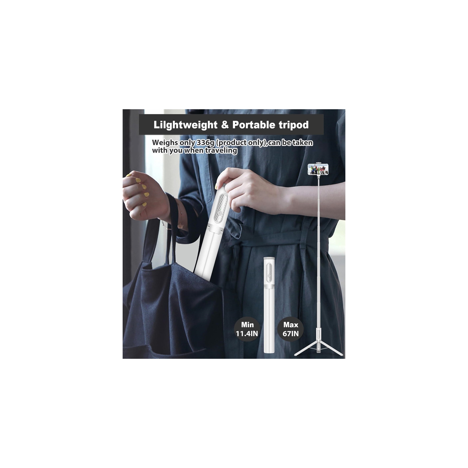 Trépied de voyage YOULIGHTS de 67 po,Perche à égoportrait,Support de téléphone tout-en-1 avec télécommande sans fil intégrée,Léger et