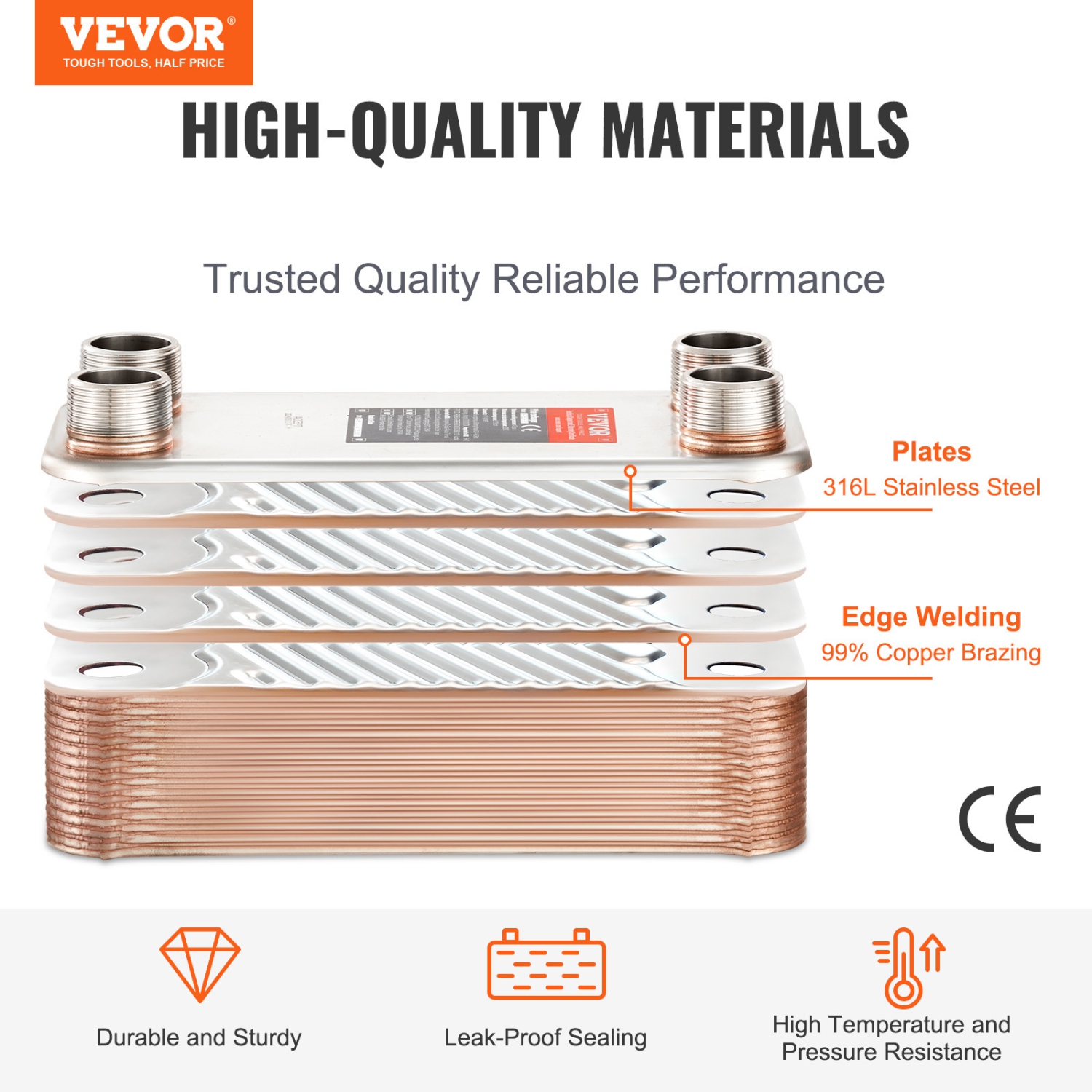 VEVOR 5"x 12" Heat Exchanger, 30 Plates Brazed Plate Heat Exchanger, Copper/316L Stainless Steel Water To Water Heat Exchanger For Floor Heating,