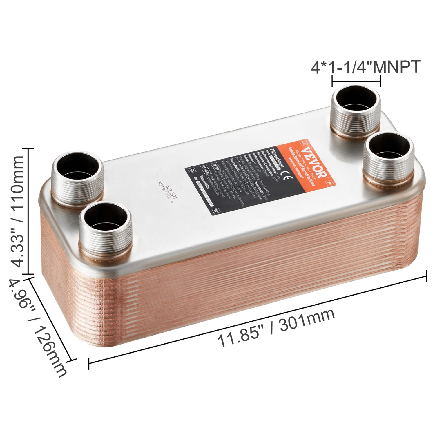 VEVOR 5"x 12" Heat Exchanger, 30 Plates Brazed Plate Heat Exchanger, Copper/316L Stainless Steel Water To Water Heat Exchanger For Floor Heating,