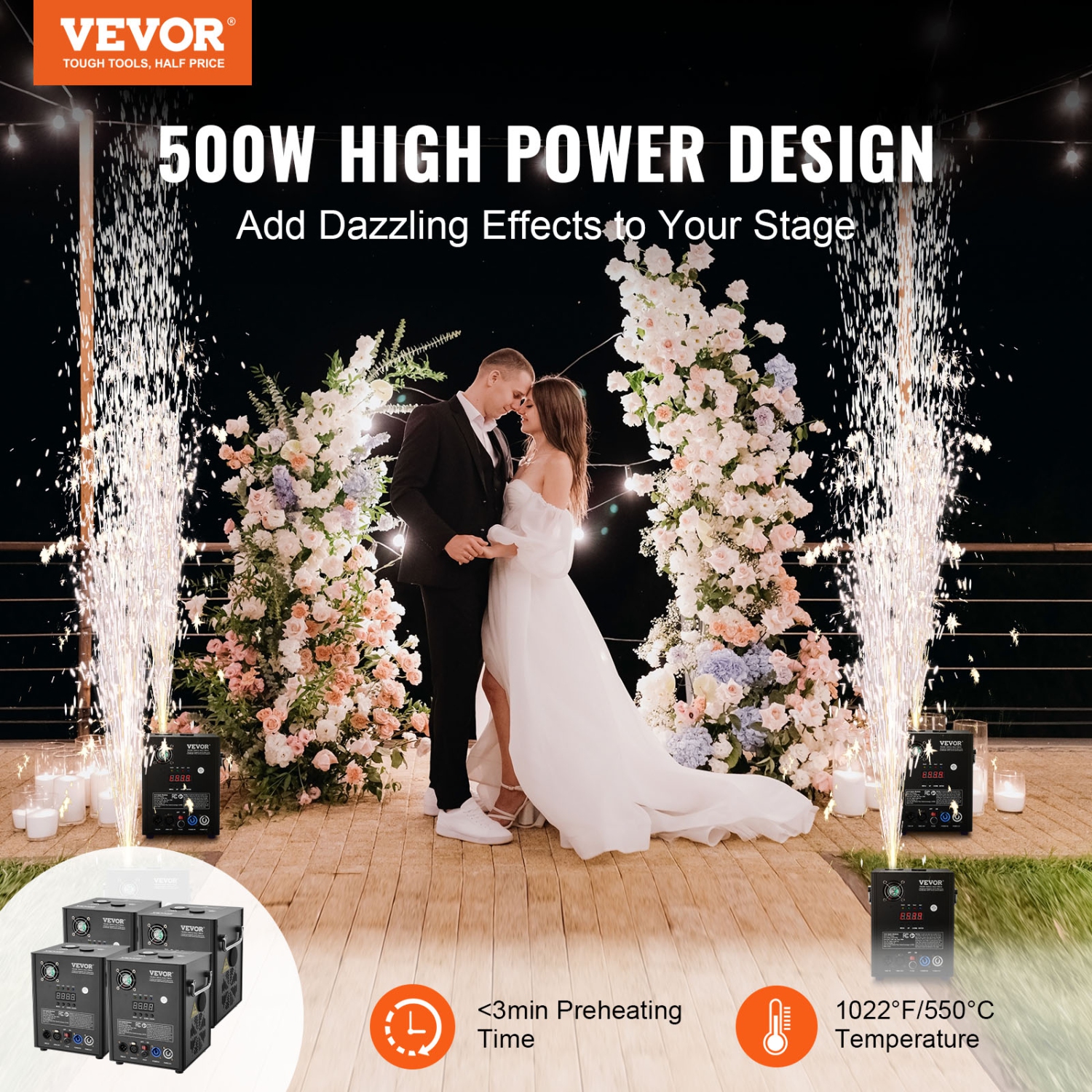 VEVOR 4 Pack Cold Spark Machine, 500W Output Fireworks Controllers, 6.6-13ft Adjustable Height,with Advanced DMX System,LED Screen,Portable Handle,