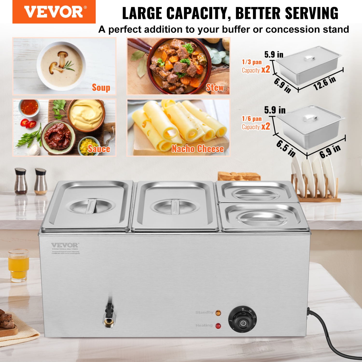 VEVOR 4-Pan Commercial Food Warmer, 16.4QT Electric Steam Table, 1200W Professional Countertop Stainless Steel Buffet Bain Marie with 86-185°F Temp