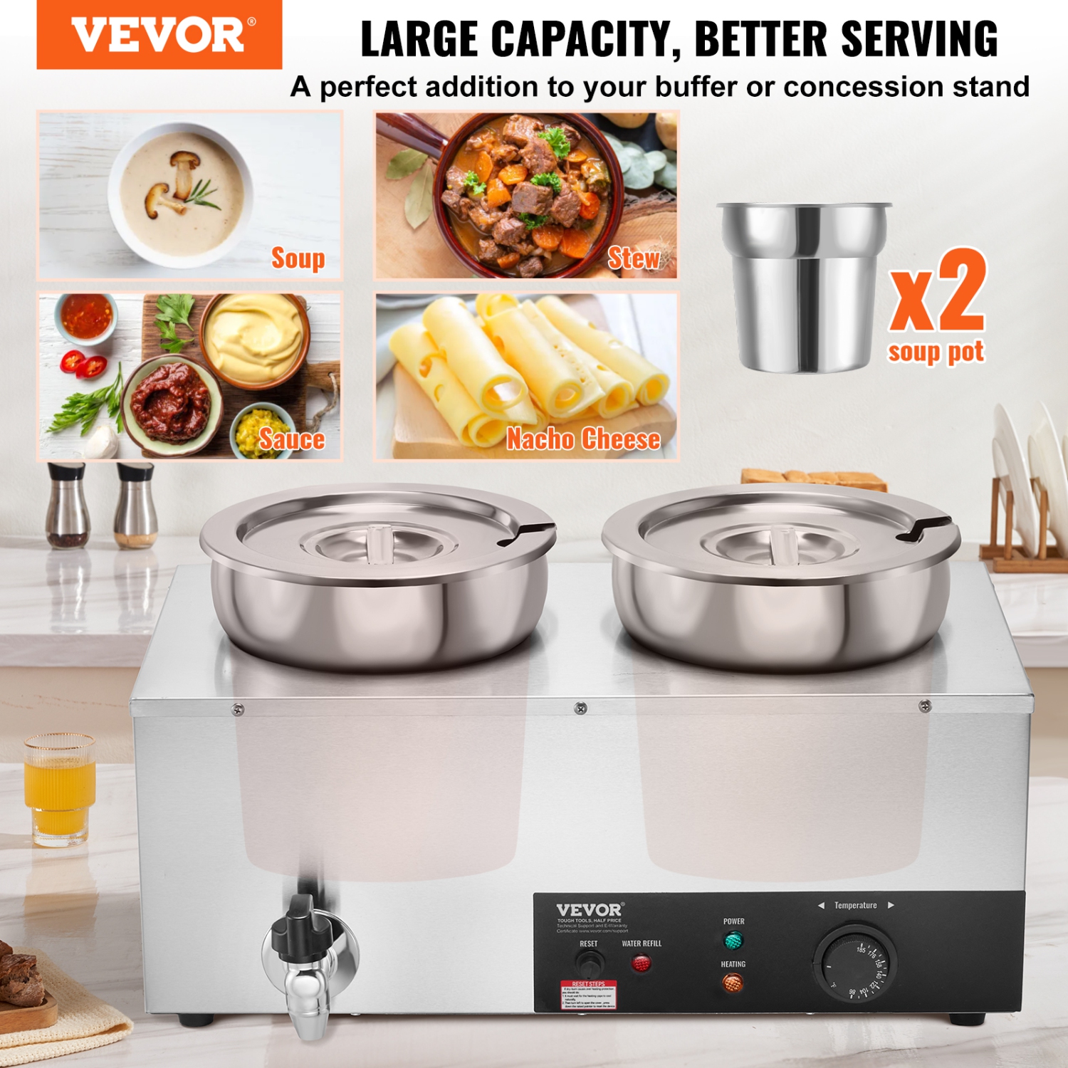 VEVOR Electric Soup Warmer, Dual 7.4QT Stainless Steel Round Pot, 1200W Commercial Food Warmer, 86~185°F Adjustable Temp, Bain Marie with Anti-Dry