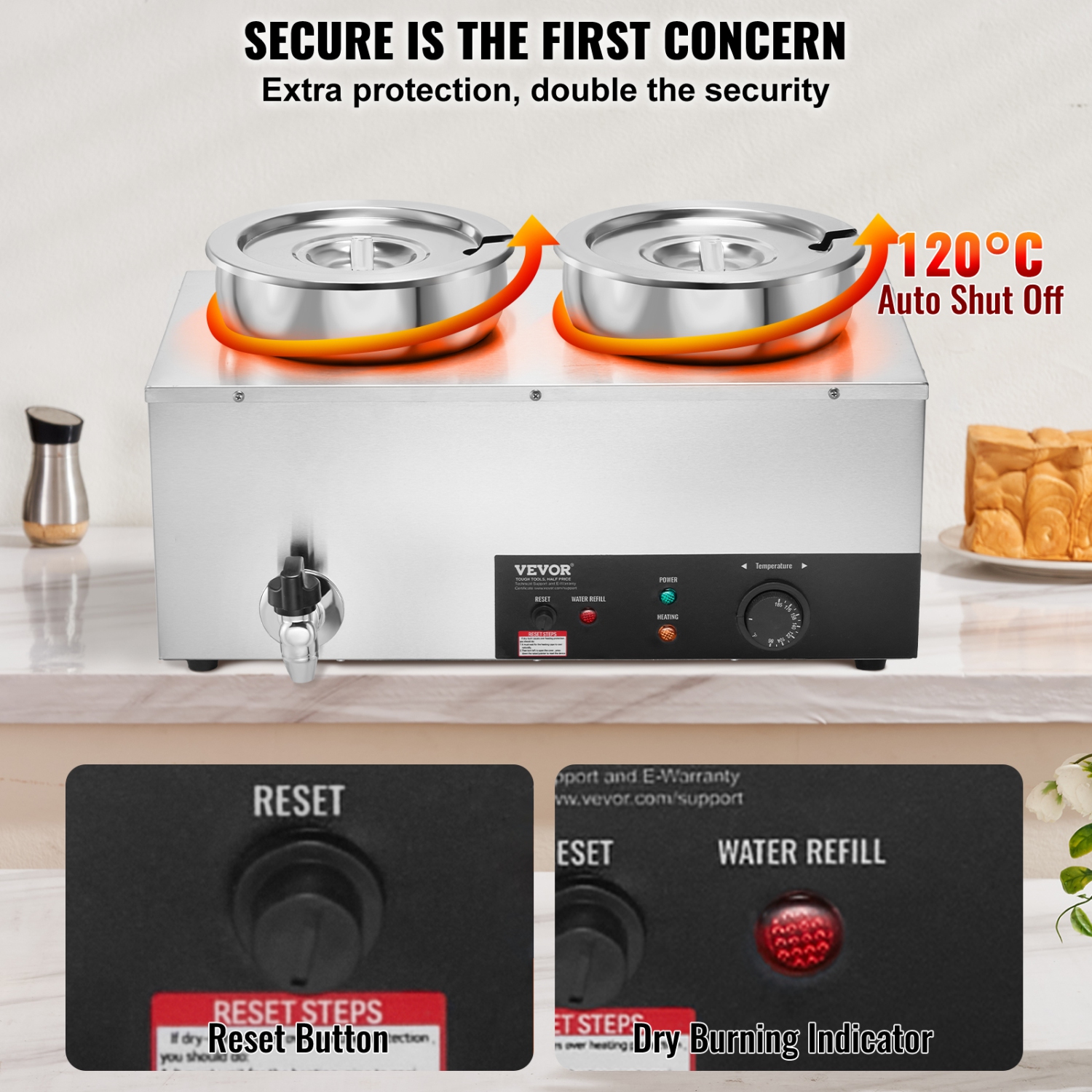 VEVOR Electric Soup Warmer, Dual 7.4QT Stainless Steel Round Pot, 1200W Commercial Food Warmer, 86~185°F Adjustable Temp, Bain Marie with Anti-Dry