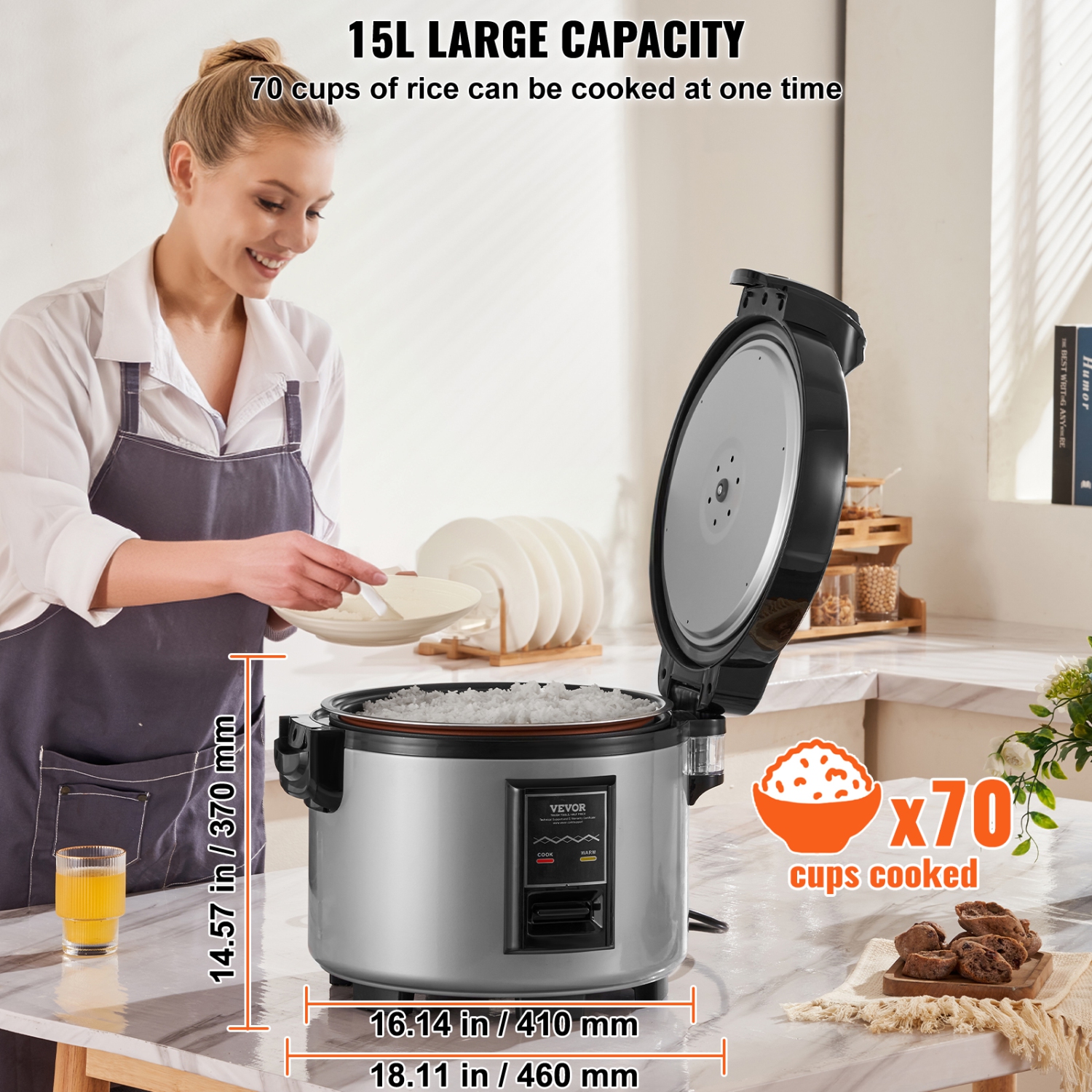 VEVOR Commercial Rice Cooker, 70-Cup Rice Cooker, 15.85Qt /15 Liter Rice Cooker and Warmer with Nonstick Inner Pot, Fast Cooking and 12-Hour Keep