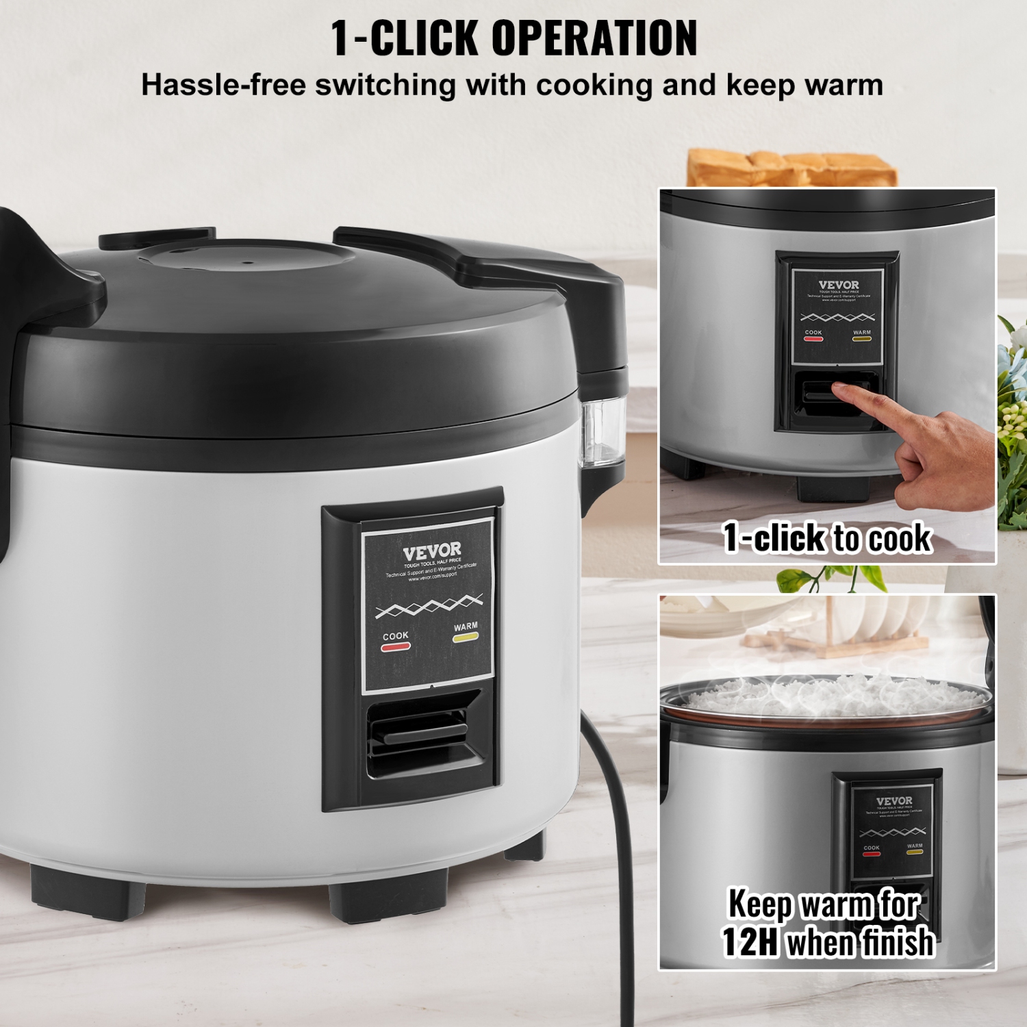 VEVOR Commercial Rice Cooker, 45-Cup Rice Cooker, 9.51Qt /9 Liter Large Rice Cooker and Warmer with Nonstick Inner Pot, Fast Cooking and 12-Hour Keep