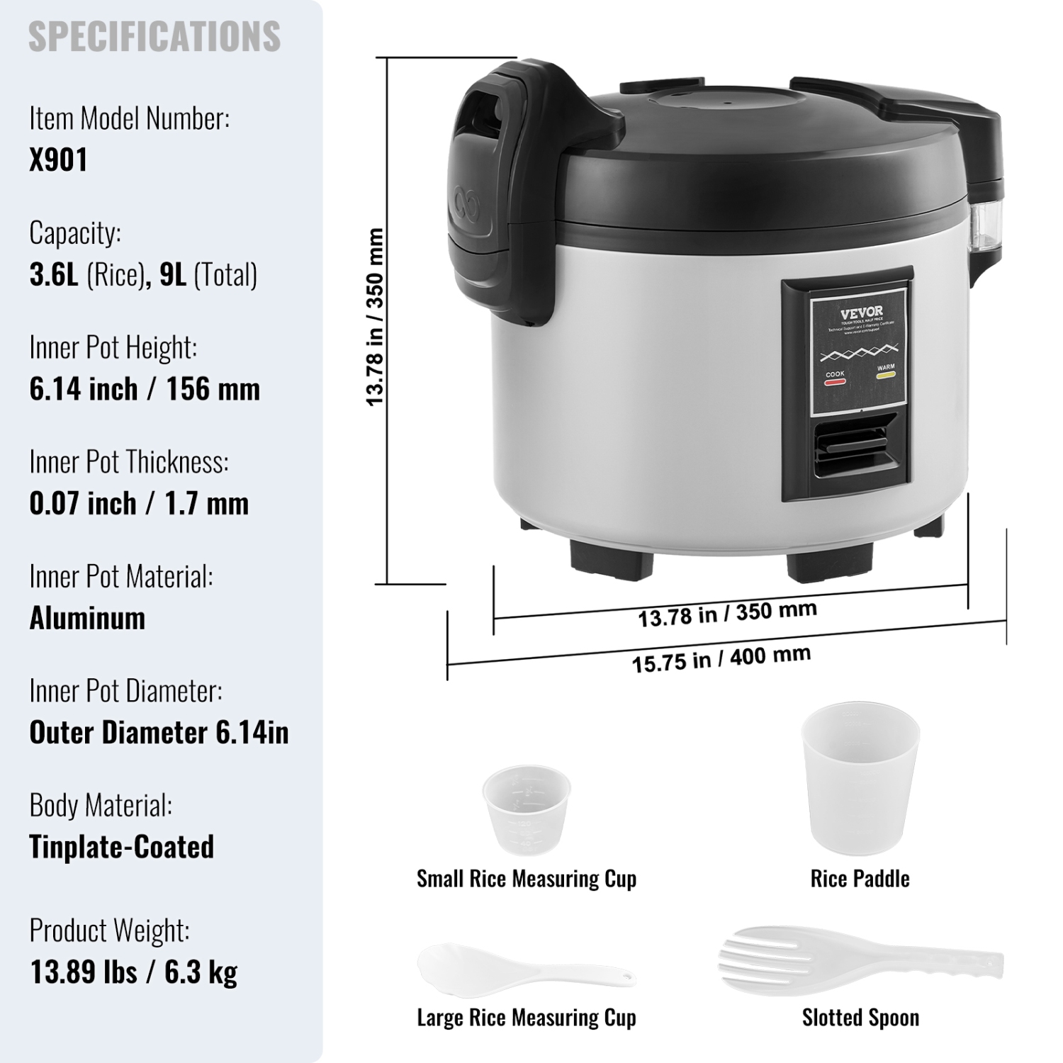 VEVOR Commercial Rice Cooker, 45-Cup Rice Cooker, 9.51Qt /9 Liter Large Rice Cooker and Warmer with Nonstick Inner Pot, Fast Cooking and 12-Hour Keep
