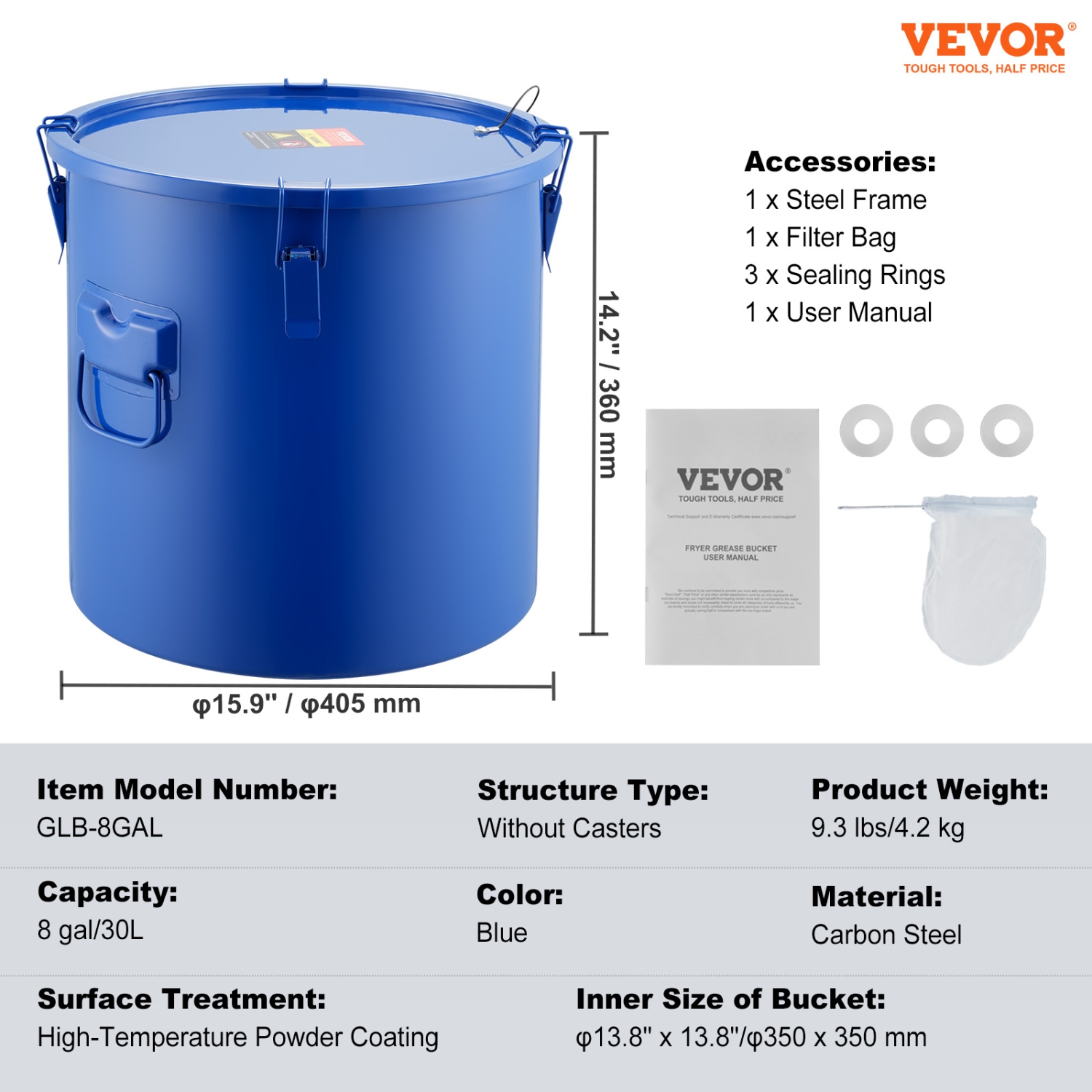 VEVOR Fryer Grease Bucket, 8 Gal Oil Disposal Caddy Carbon Steel Fryer Oil Bucket with Rust-Proof Coating, Oil Transport Container with Lid, Lock