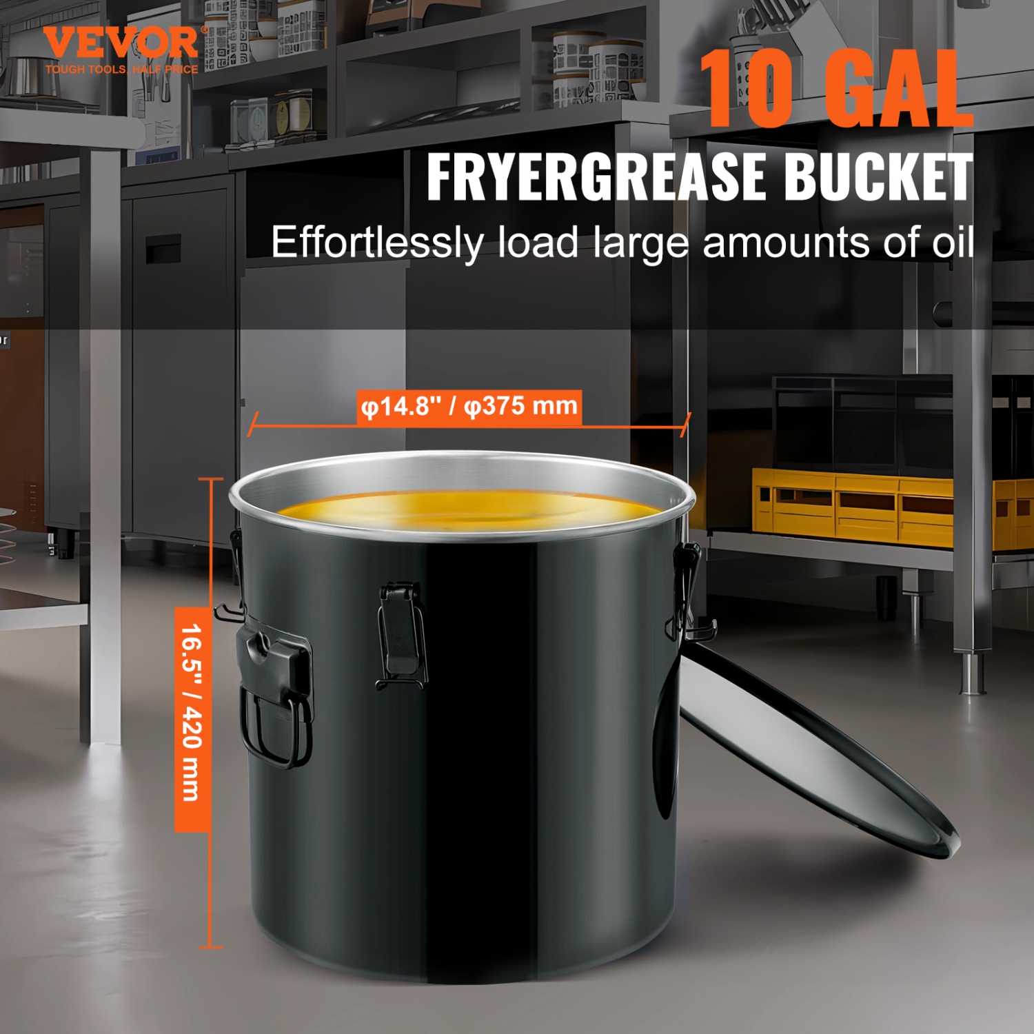 VEVOR Fryer Grease Bucket, 10 Gal Oil Disposal Caddy Stainless Steel Fryer Oil Bucket Rust-Proof Coating, Oil Transport Container with Lid, Lock