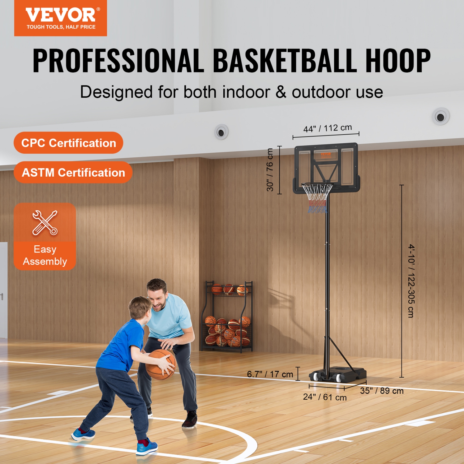 VEVOR 44 inch Basketball Hoop, 4-10 ft Adjustable Height Portable Backboard System, Basketball Hoop & Goal, Kids & Adults Basketball Set with Wheels,