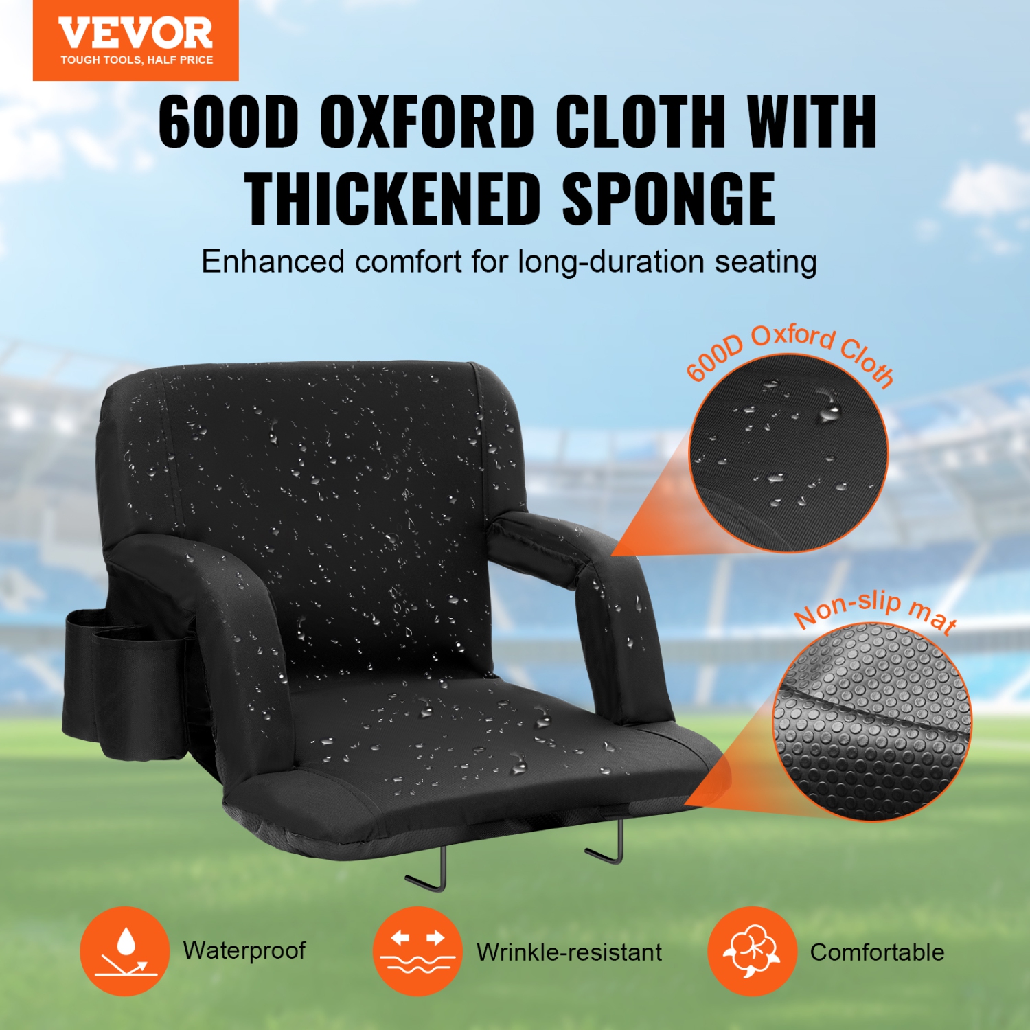 VEVOR Stadium Seat with Back Support, Wide Bleacher Seat Back, Folding Padded Cushion Stadium Chair, Portable Reclining Chair with Hook Pocket