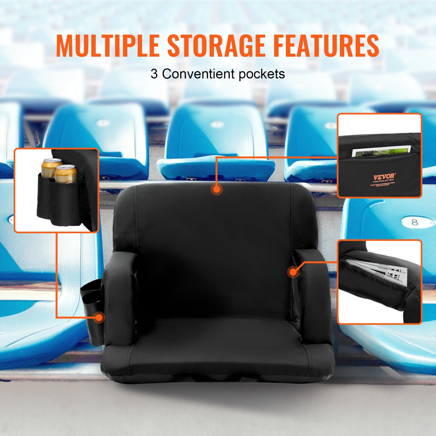 VEVOR Stadium Seat with Back Support, Wide Bleacher Seat Back, Folding Padded Cushion Stadium Chair, Portable Reclining Chair with Hook Pocket