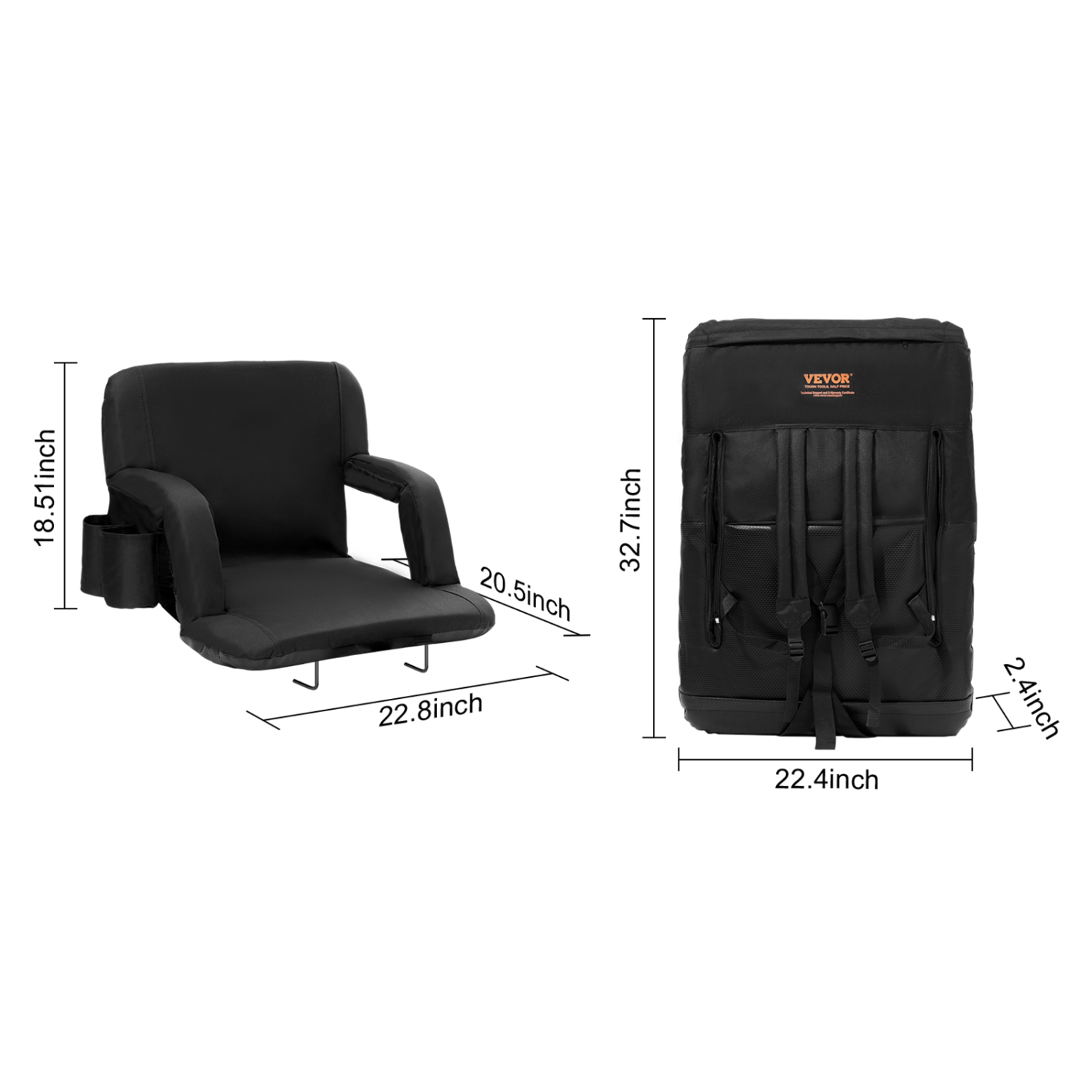 VEVOR Stadium Seat with Back Support, Wide Bleacher Seat Back, Folding Padded Cushion Stadium Chair, Portable Reclining Chair with Hook Pocket
