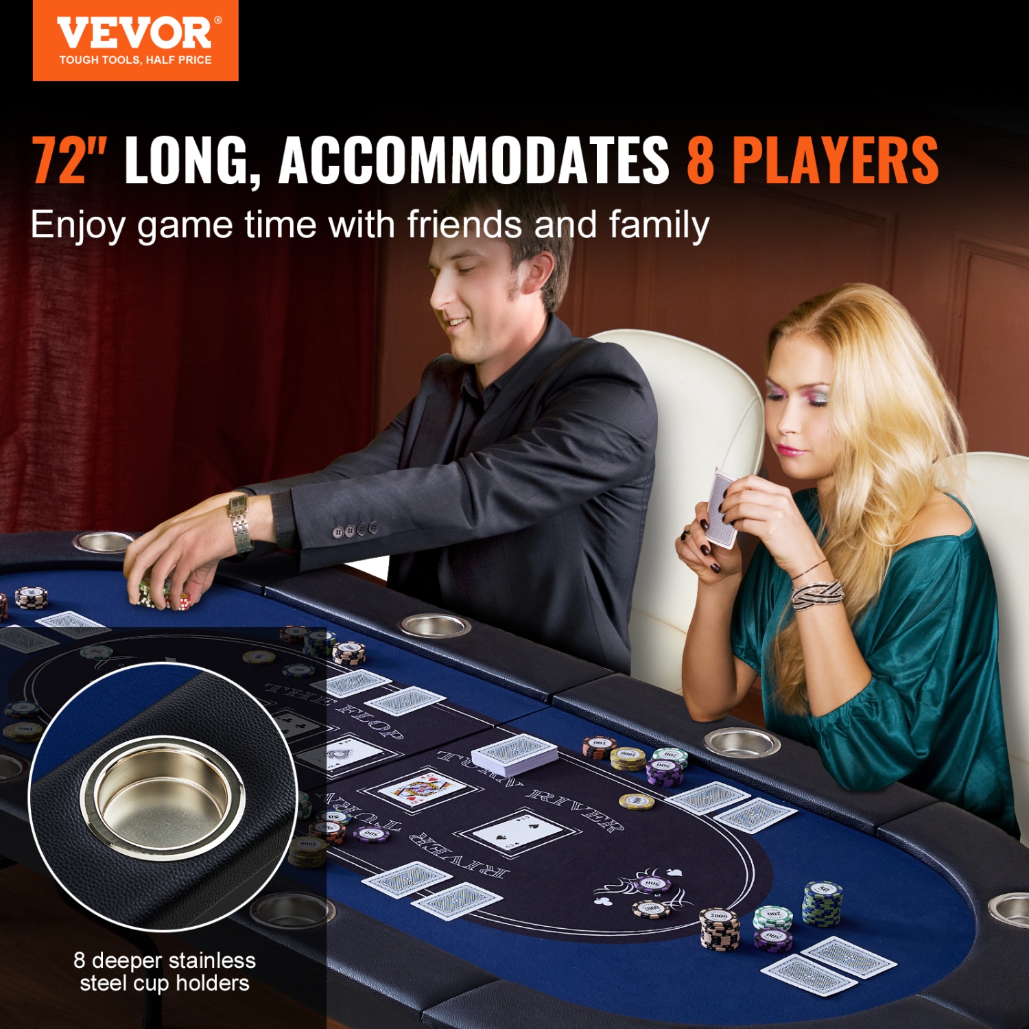 VEVOR 72" 8 Player Foldable Poker Table, Blackjack Texas Holdem Poker Table with Padded Rails and Stainless Steel Cup Holders, Portable Folding Card