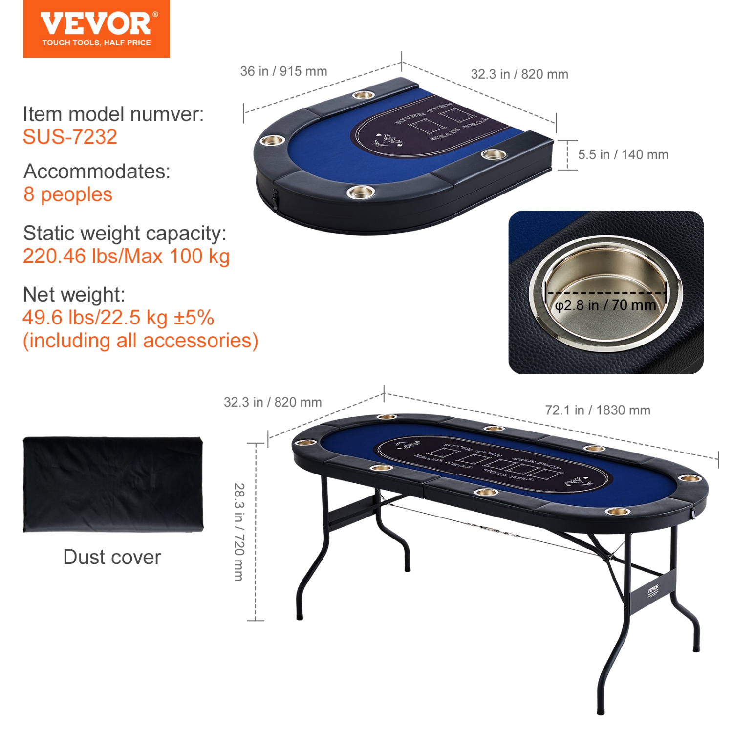VEVOR 72" 8 Player Foldable Poker Table, Blackjack Texas Holdem Poker Table with Padded Rails and Stainless Steel Cup Holders, Portable Folding Card
