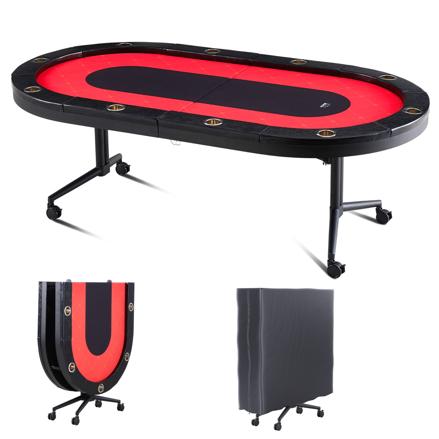 VEVOR 90" 10 Player Foldable Poker Table, Blackjack Texas Holdem Poker Table with Padded Rails and Stainless Steel Cup Holders, Portable Folding Card