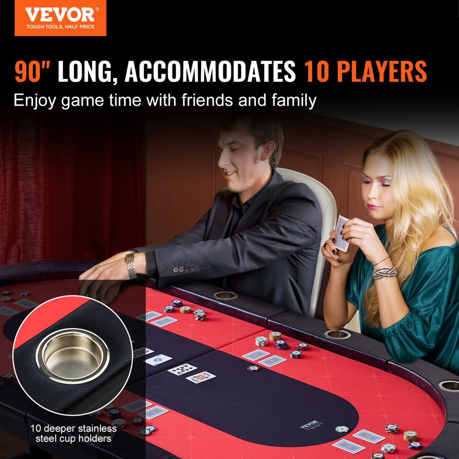 VEVOR 90" 10 Player Foldable Poker Table, Blackjack Texas Holdem Poker Table with Padded Rails and Stainless Steel Cup Holders, Portable Folding Card
