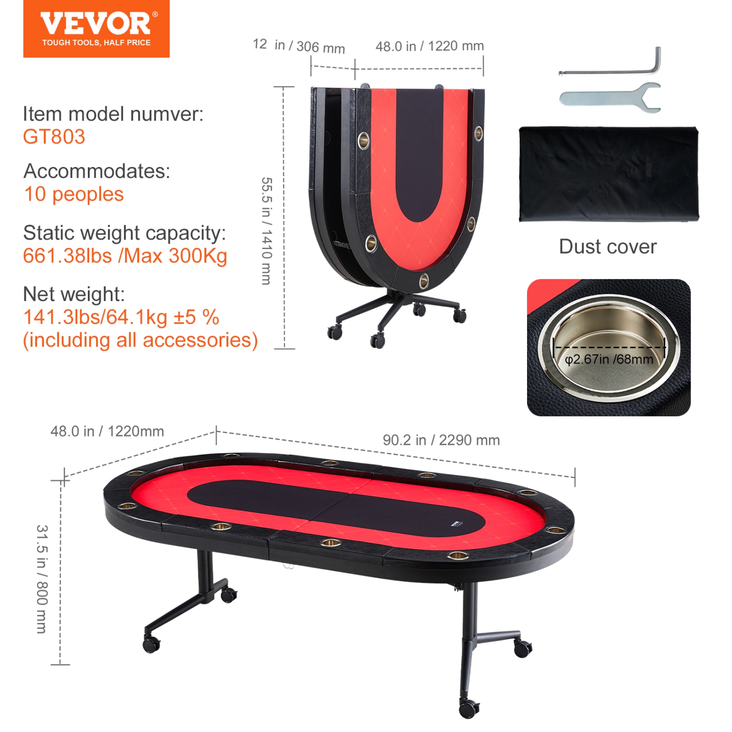 VEVOR 90" 10 Player Foldable Poker Table, Blackjack Texas Holdem Poker Table with Padded Rails and Stainless Steel Cup Holders, Portable Folding Card