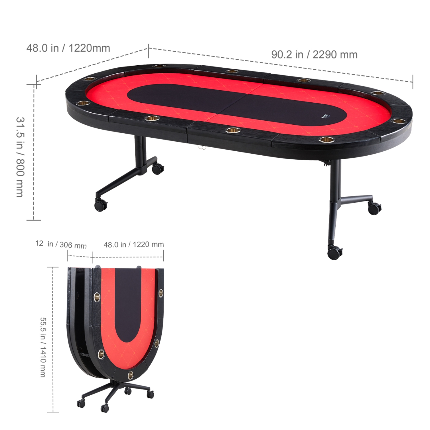 VEVOR 90" 10 Player Foldable Poker Table, Blackjack Texas Holdem Poker Table with Padded Rails and Stainless Steel Cup Holders, Portable Folding Card