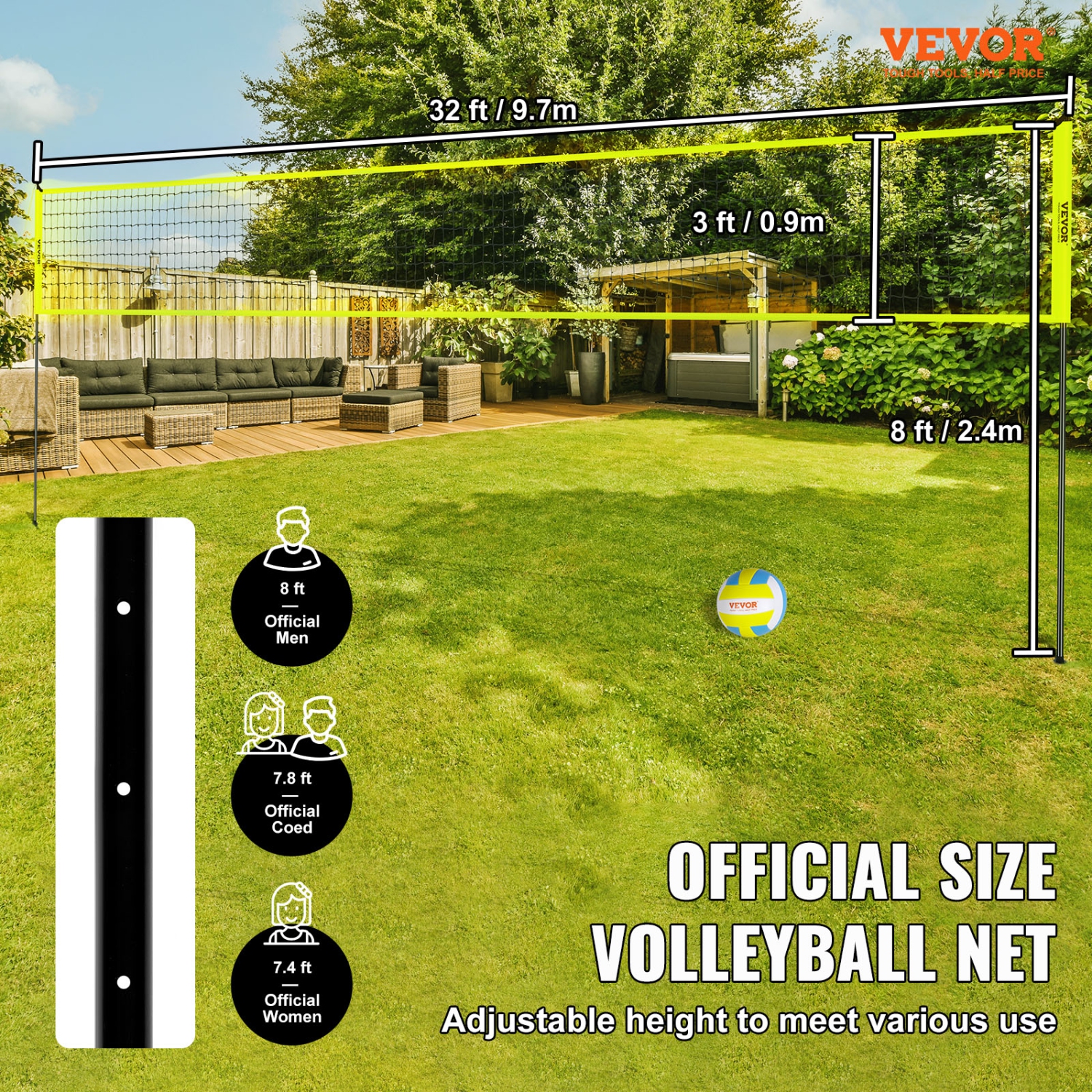 VEVOR Outdoor Portable Volleyball Net System, Adjustable Height Steel Poles, Professional Volleyball Set with PVC Volleyball, Pump, Carrying Bag,