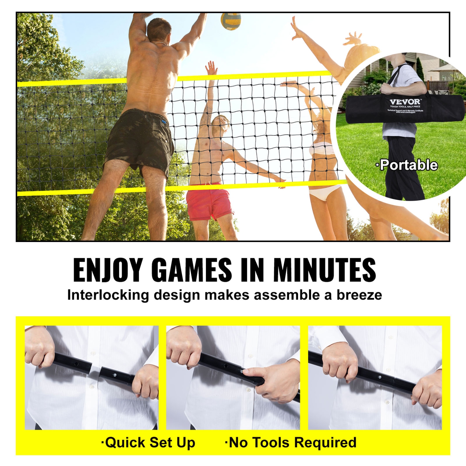 VEVOR Outdoor Portable Volleyball Net System, Adjustable Height Steel Poles, Professional Volleyball Set with PVC Volleyball, Pump, Carrying Bag,