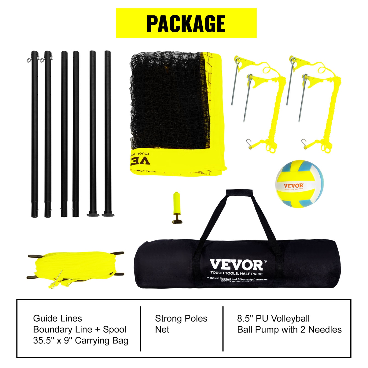 VEVOR Outdoor Portable Volleyball Net System, Adjustable Height Steel Poles, Professional Volleyball Set with PVC Volleyball, Pump, Carrying Bag,