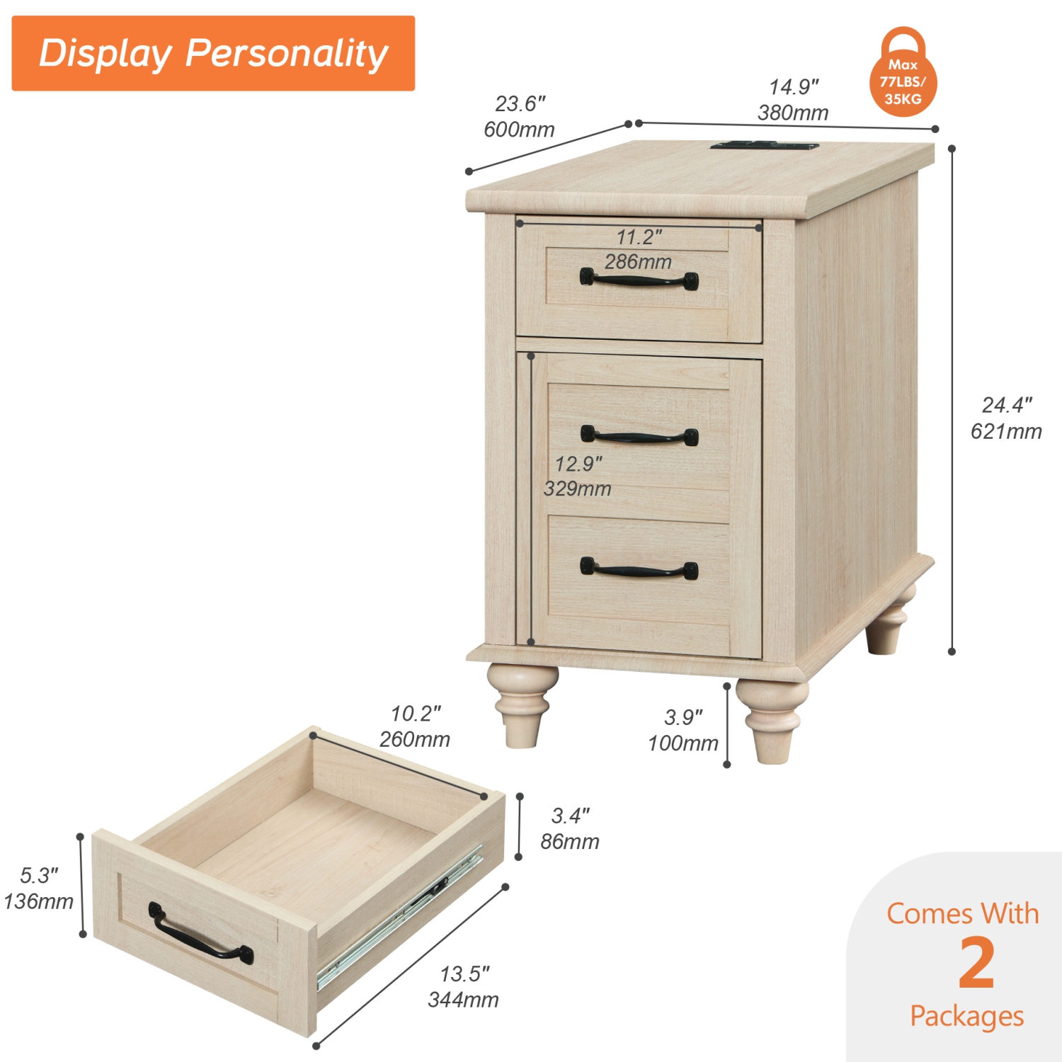 WAMPAT Set of 2 End Tables with Charging Station, Beige Side Table with Storage Cabinet & Drawer, Wooden Nightstands with Power Outlets & USB Ports