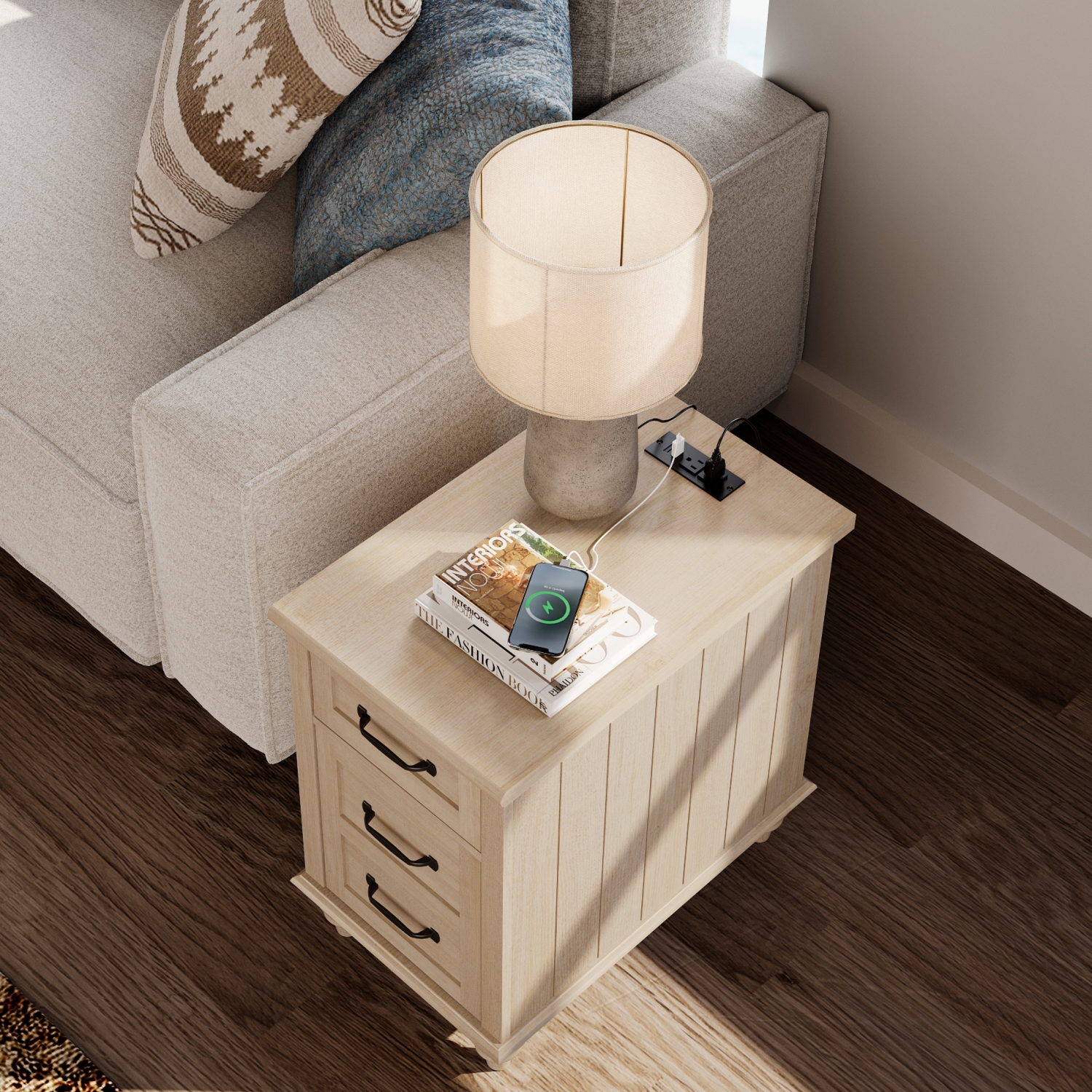 WAMPAT Set of 2 End Tables with Charging Station, Beige Side Table with Storage Cabinet & Drawer, Wooden Nightstands with Power Outlets & USB Ports