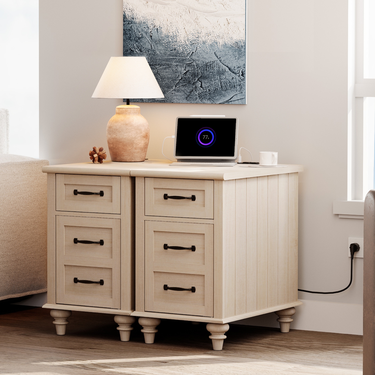 WAMPAT Set of 2 End Tables with Charging Station, Beige Side Table with Storage Cabinet & Drawer, Wooden Nightstands with Power Outlets & USB Ports