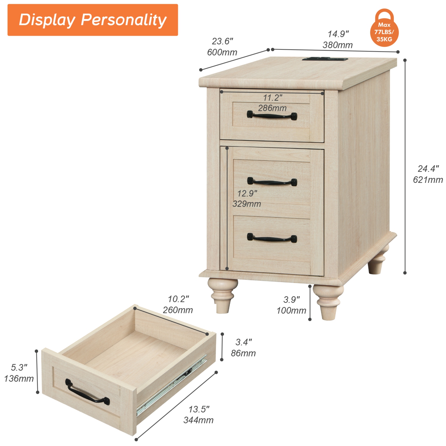 Table de bout WAMPAT avec station de recharge, table d'appoint beige avec armoire de rangement et tiroir, table de chevet en bois avec prises