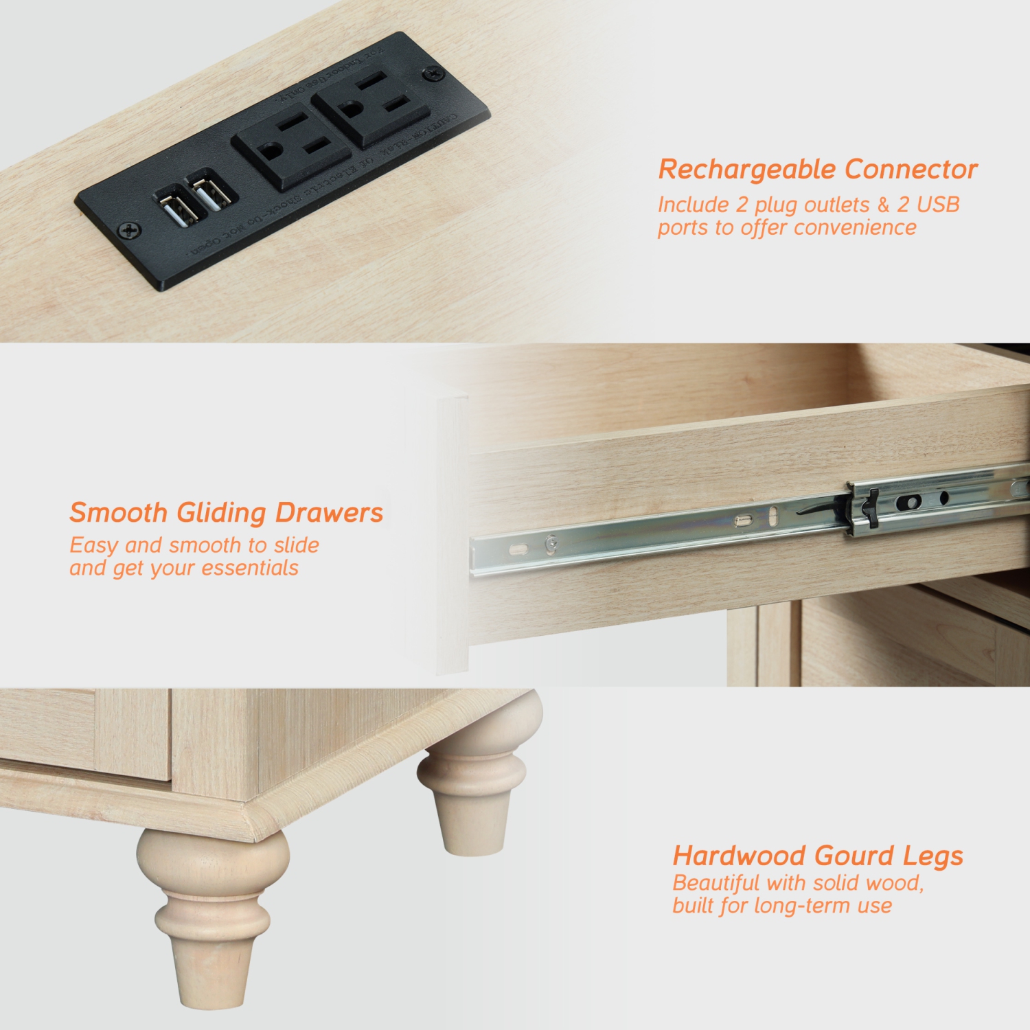 Table de bout WAMPAT avec station de recharge, table d'appoint beige avec armoire de rangement et tiroir, table de chevet en bois avec prises