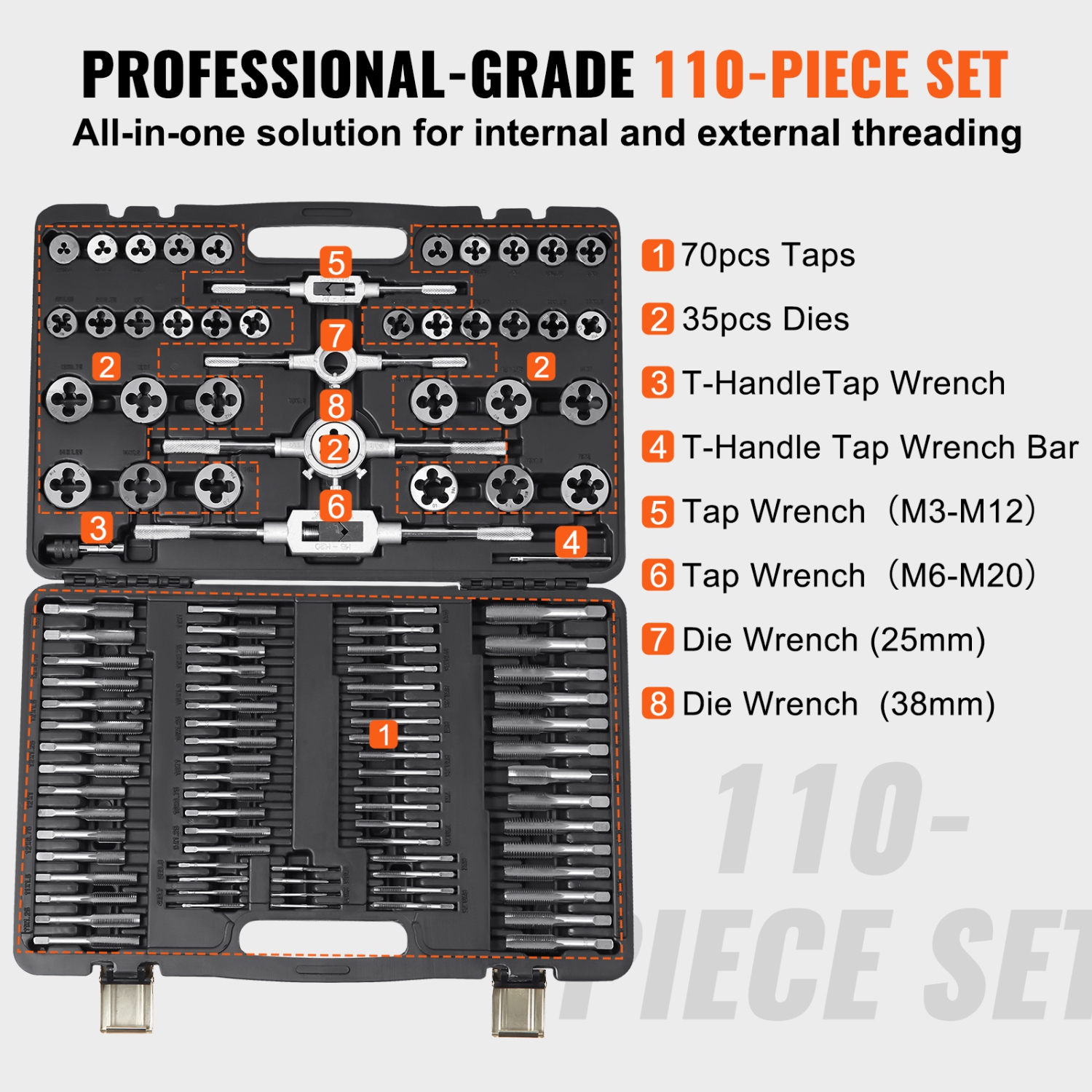 VEVOR 110-Piece Tap and Die Set, Include Metric Size M2 to M18,Bearing Steel Taps and Dies, Essential Threading Tool for Cutting Threads,with