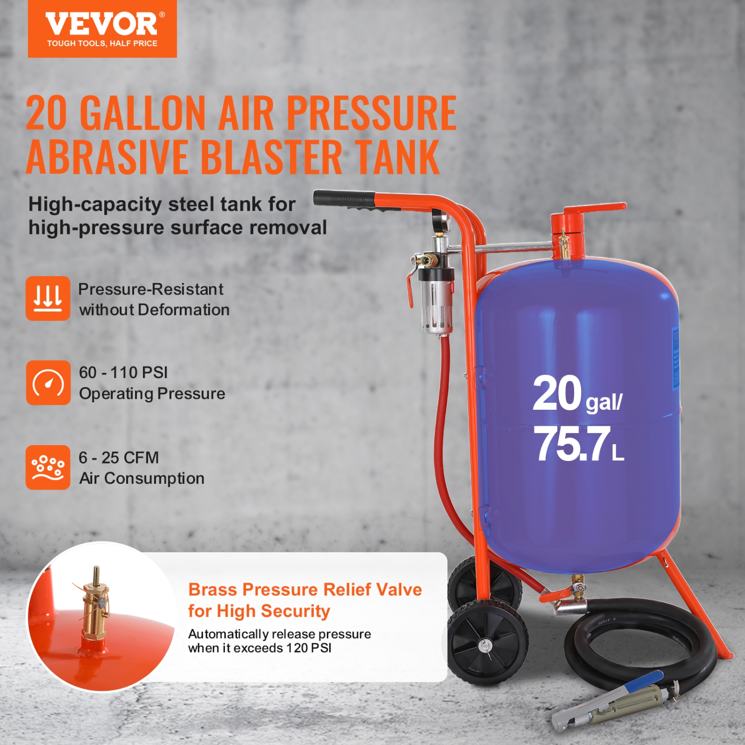 VEVOR 20 Gallon Sand Blaster, 60-110 PSI High Pressure Sandblaster, Portable Abrasive Blasting Tank, Air Sand Blasting Kit with 4 Ceramic Nozzles and
