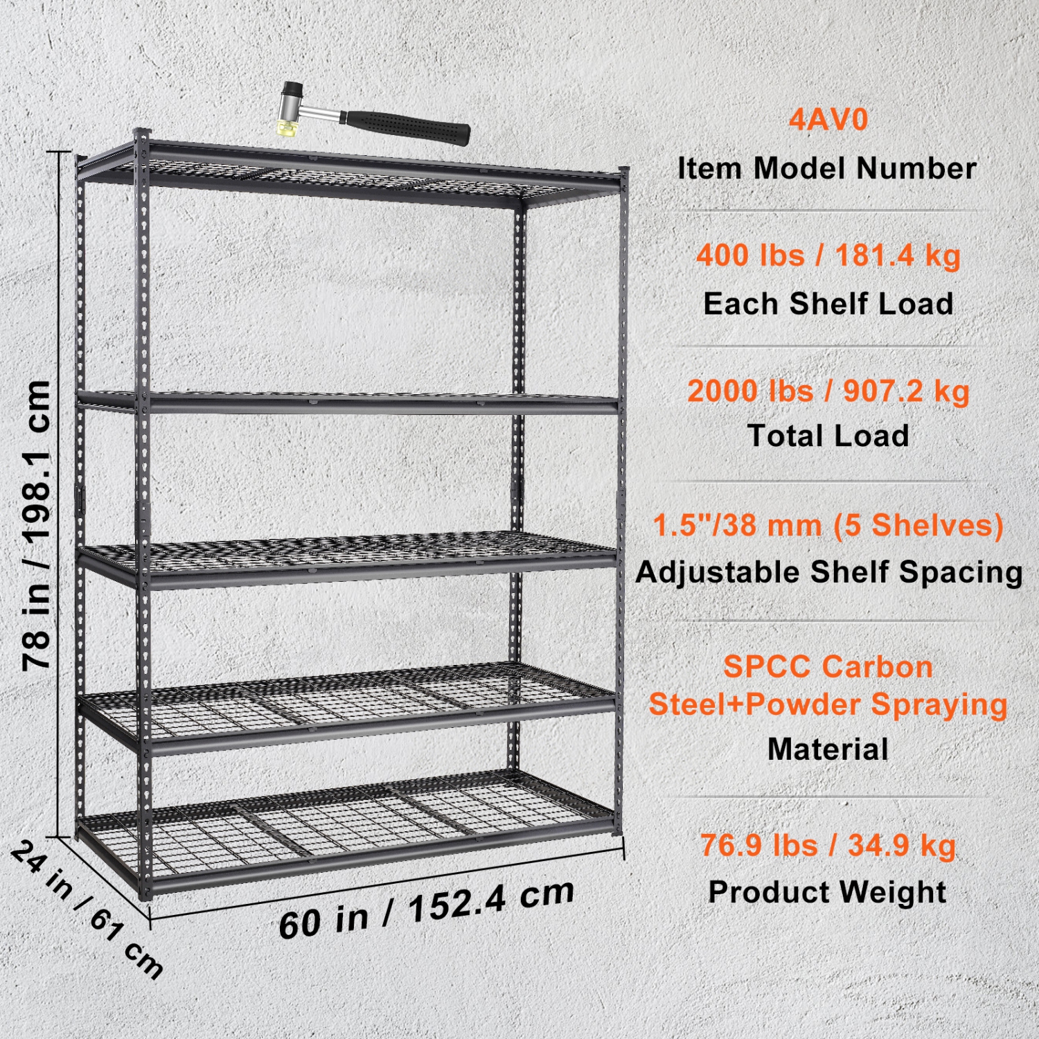 VEVOR 5-Tier Adjustable Storage Shelving Unit, 2000 lbs Capacity, Heavy Duty Garage Shelves Metal Organizer Wire Rack, Black, 60" L x 24" W x 78" H
