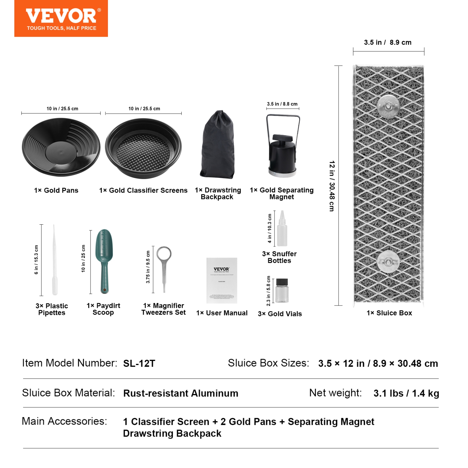 VEVOR 12inch Mini Sluice Box Gold Panning Kit, Aluminum Alloy Gold Mining, 16 PCS Gold Prospecting Kit with Gold Pan, Separating Magnet, Classifier
