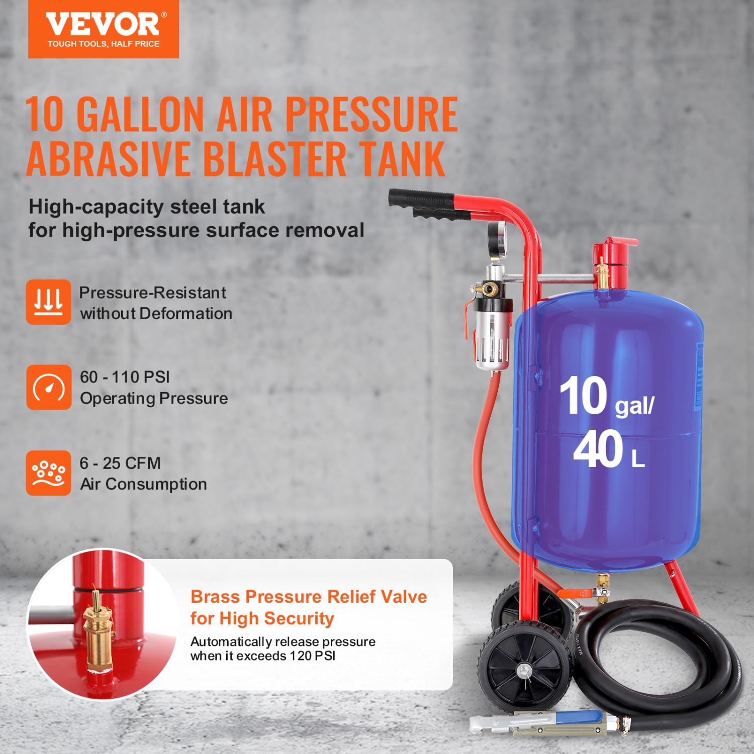 VEVOR 10Gal/40L Sandblaster Equipped with Nozzle Shut-Off Valve Pressure Gauge Ceramic Nozzle 2.5m Hose Filling Funnel Watertrap 6" Rubber Wheels