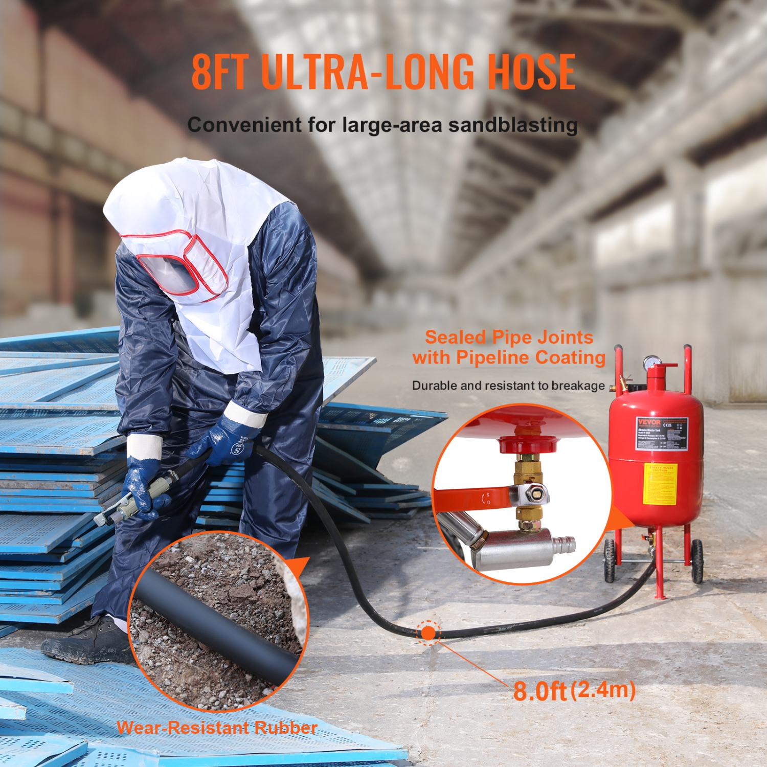 VEVOR 10Gal/40L Sandblaster Equipped with Nozzle Shut-Off Valve Pressure Gauge Ceramic Nozzle 2.5m Hose Filling Funnel Watertrap 6" Rubber Wheels