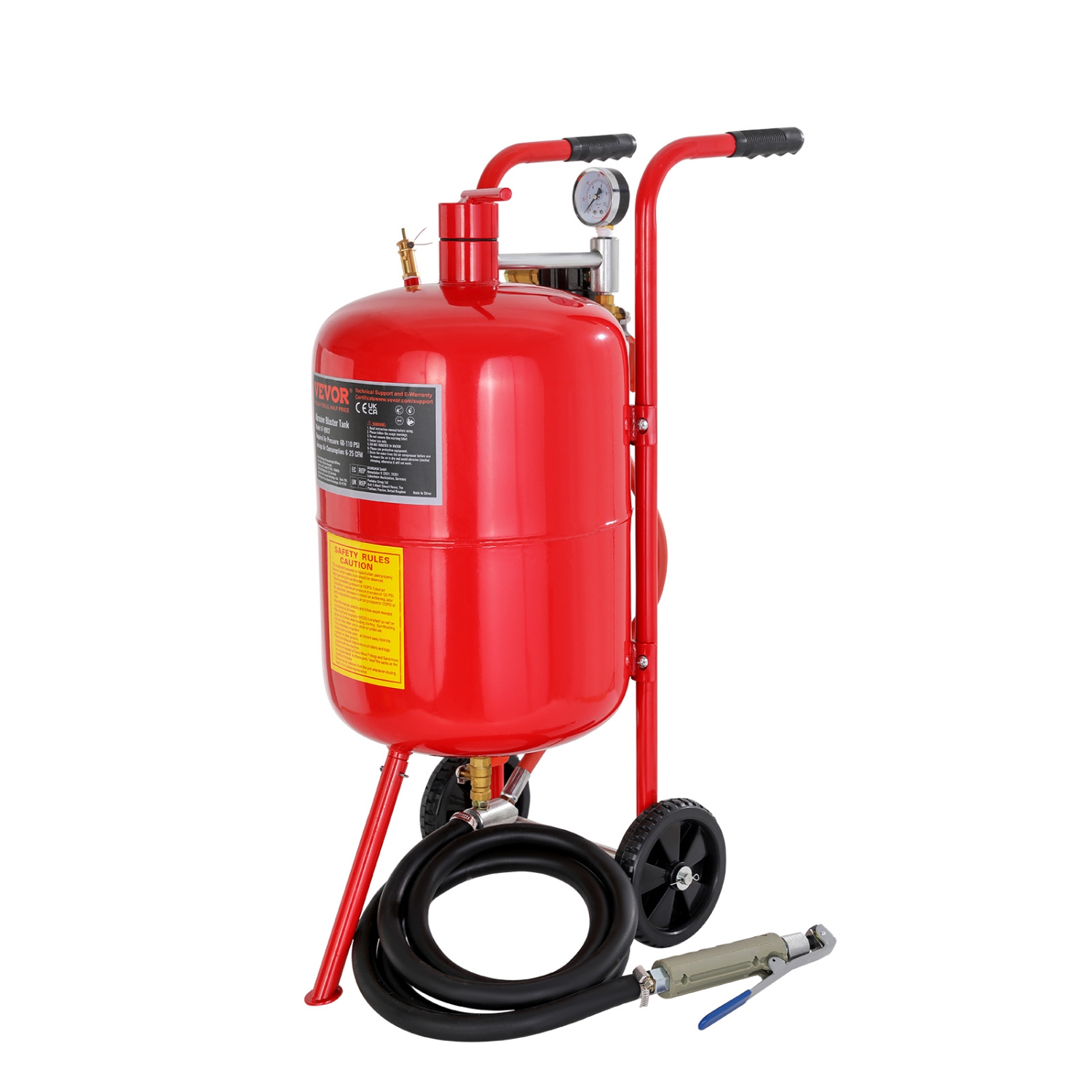 VEVOR 10Gal/40L Sandblaster Equipped with Nozzle Shut-Off Valve Pressure Gauge Ceramic Nozzle 2.5m Hose Filling Funnel Watertrap 6" Rubber Wheels