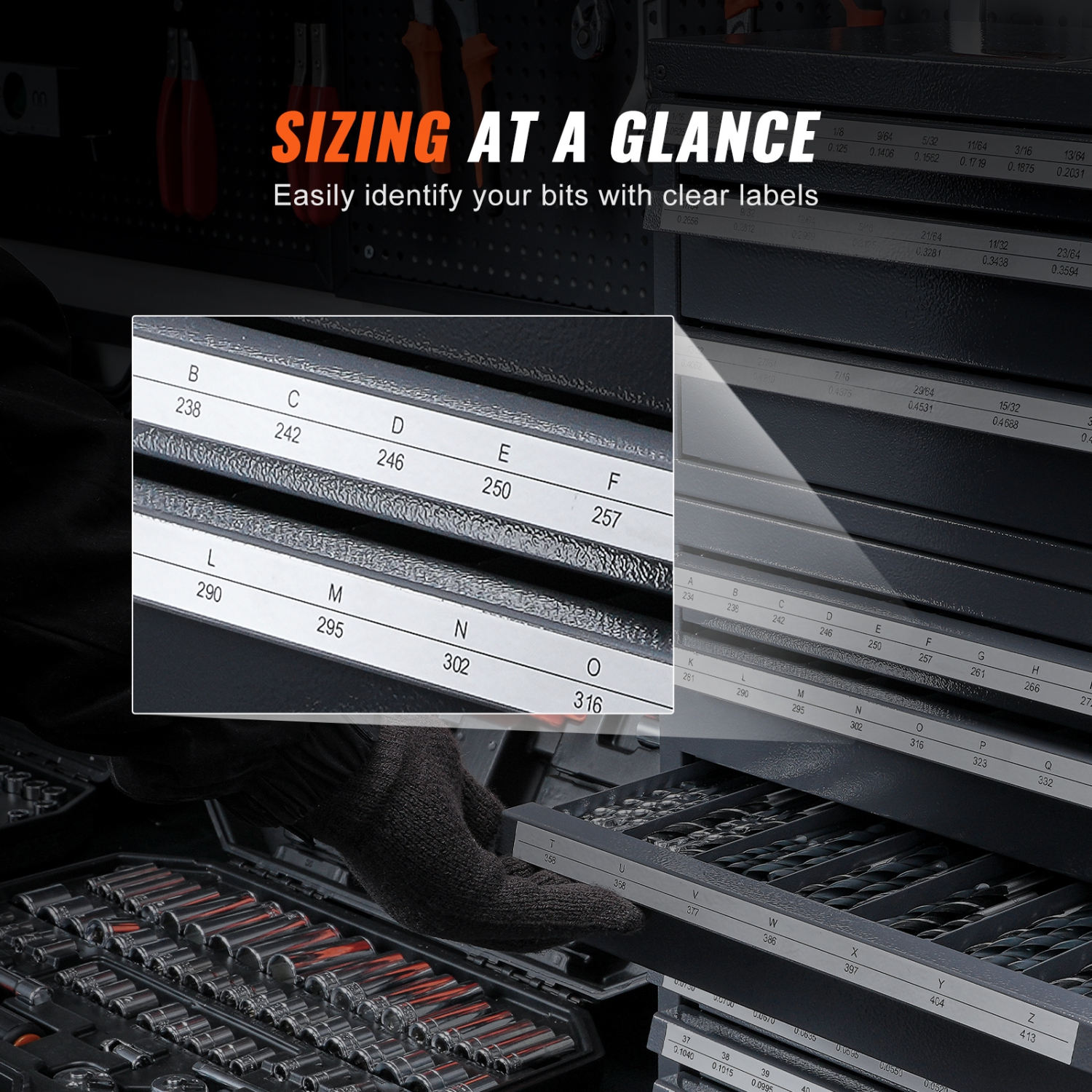 Armoire de 3 mèches à trois tiroirs VEVOR, pour les formats 1/16" à 1/2" et lettre A à Z, range-forets à cinq tiroirs pour les fils de calibre 1 à