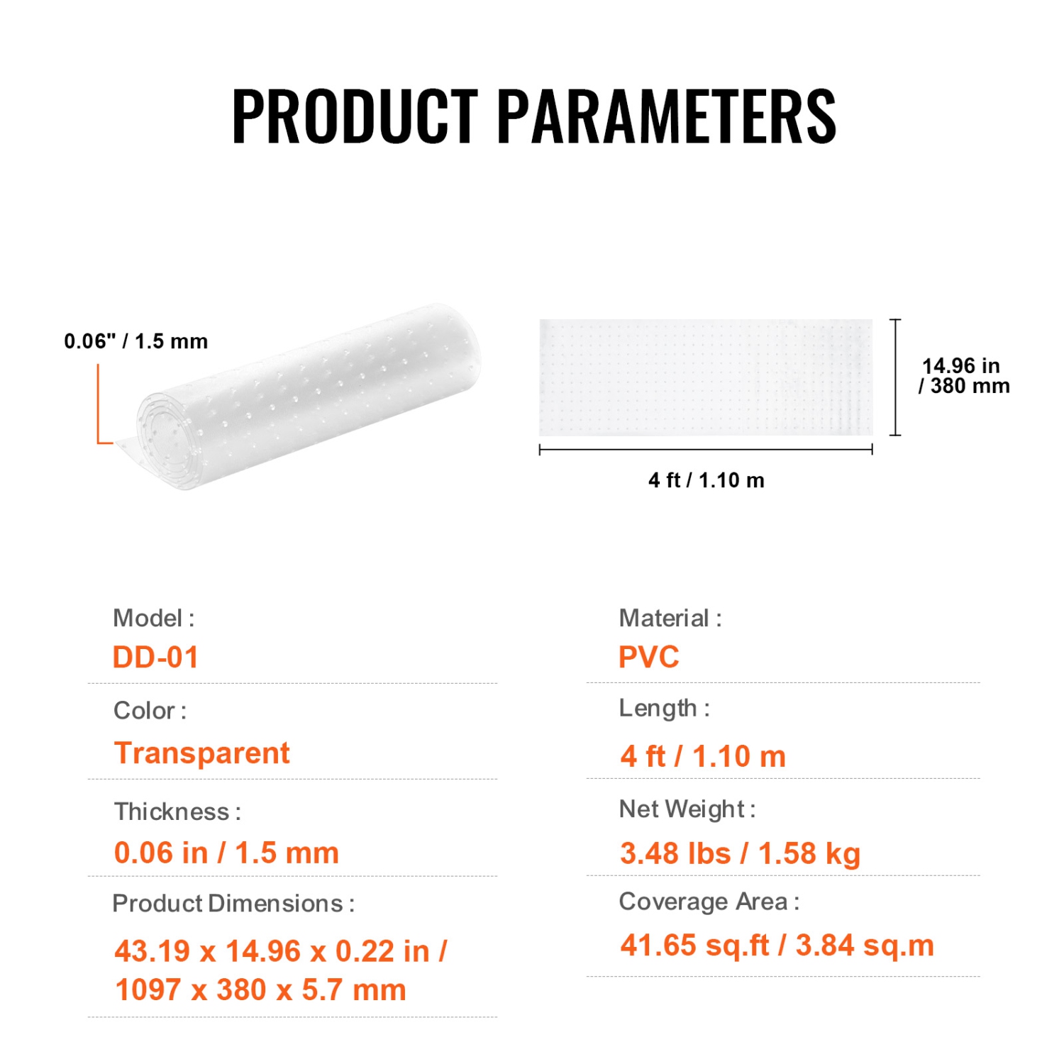 VEVOR 15" x 4' Carpet Protector for Pets, PVC Scratch-Proof Cat Carpet Protector for Doorway, Anti-Slip Cat Scratch Protector Mat, Easy to Cut