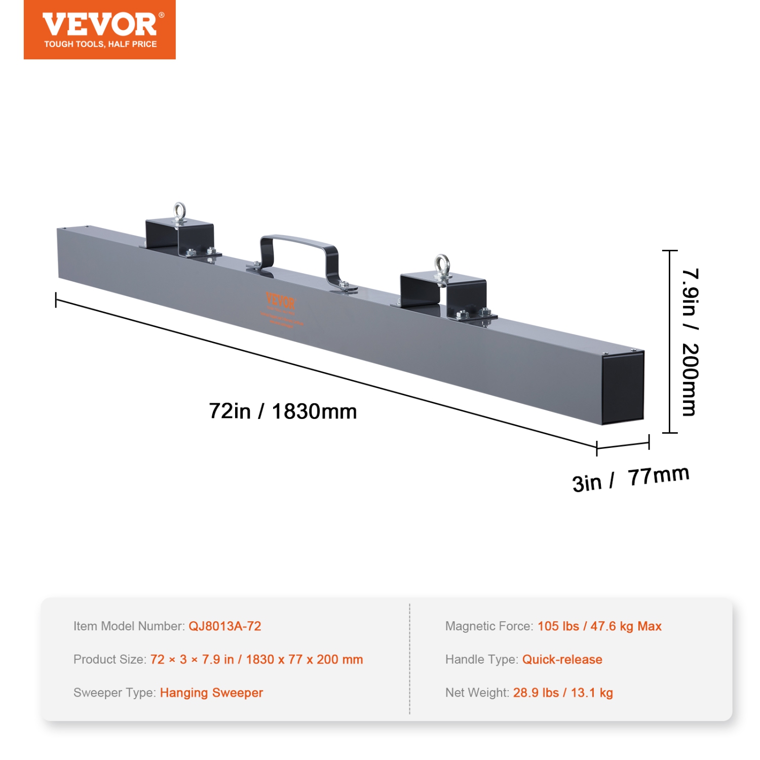 VEVOR 105lbs Hanging Magnetic Sweeper Pickup Tool,Nail Hang-Type Magnetic Forklift Sweeper, Industrial Grade Magnets Steel Material Hunting