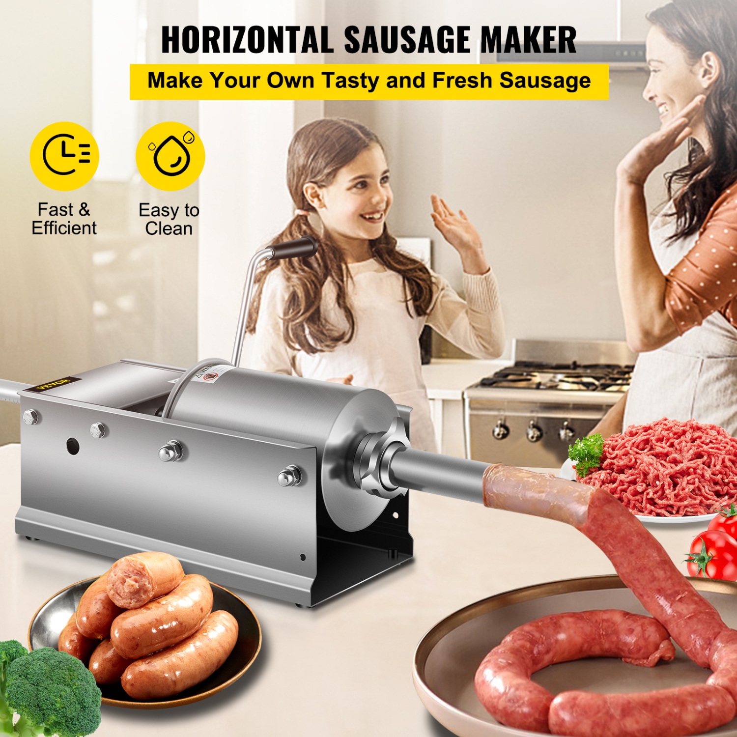 VEVOR 3L / 7LBS Manual Sausage Stuffer, Horizontal Sausage Machine, Dual-Speed Meat Stuffer, Made of Food-Grade 304 Stainless Steel, Includes 5