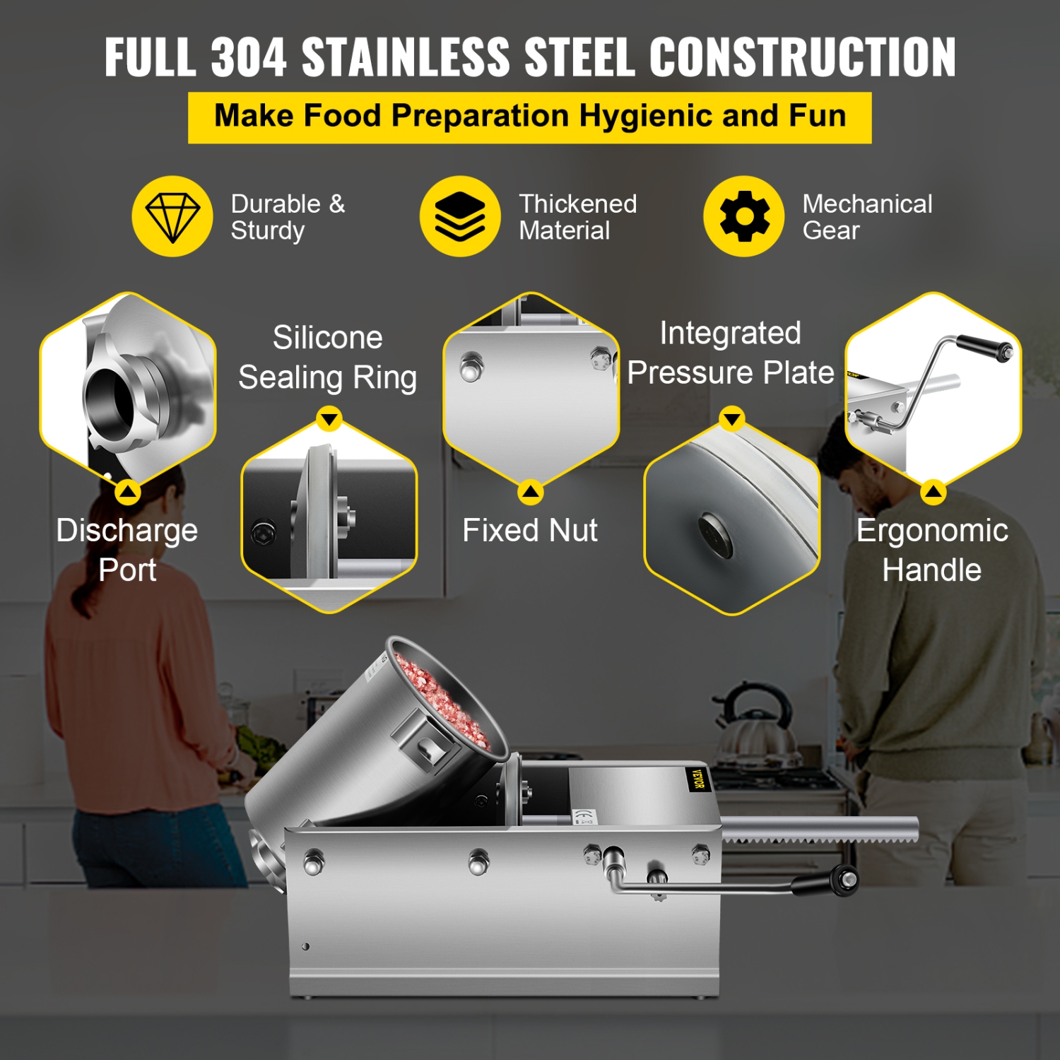 VEVOR 3L / 7LBS Manual Sausage Stuffer, Horizontal Sausage Machine, Dual-Speed Meat Stuffer, Made of Food-Grade 304 Stainless Steel, Includes 5