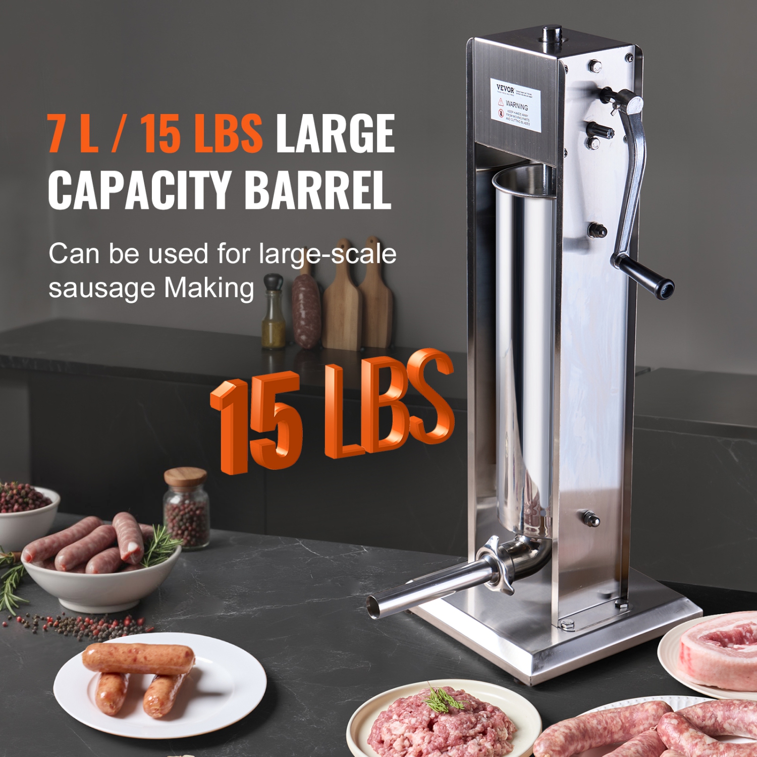 VEVOR 7L / 15LBS Manual Sausage Stuffer, Vertical Sausage Machine, Dual-Speed Meat Stuffer, Made of Food-Grade 304 Stainless Steel, Includes 5