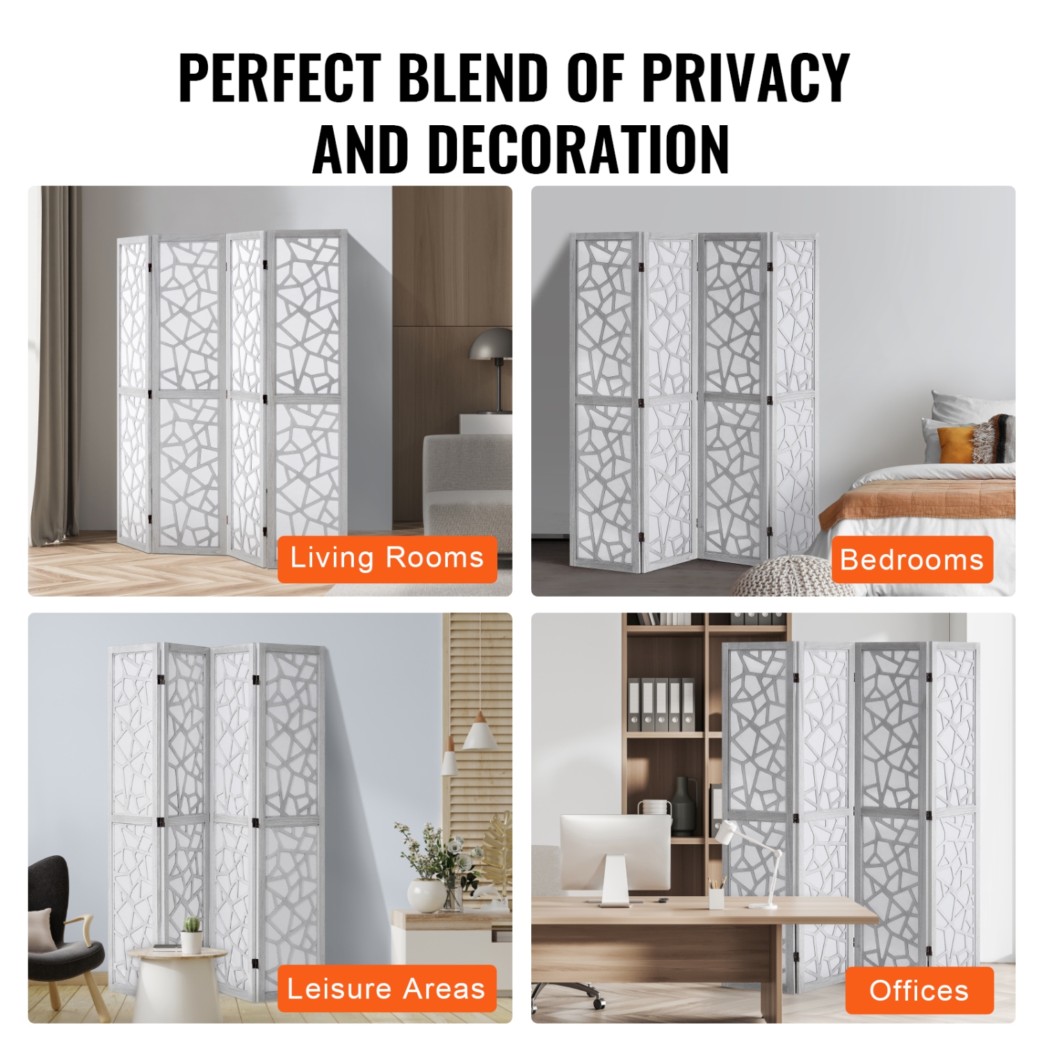 VEVOR 66.9 Inches&nbsp;Tall Wood Room Divider, 4 Panel Wood Folding Privacy Screen, Indoor Carved Wooden Partition, Portable Decoration Screen, for
