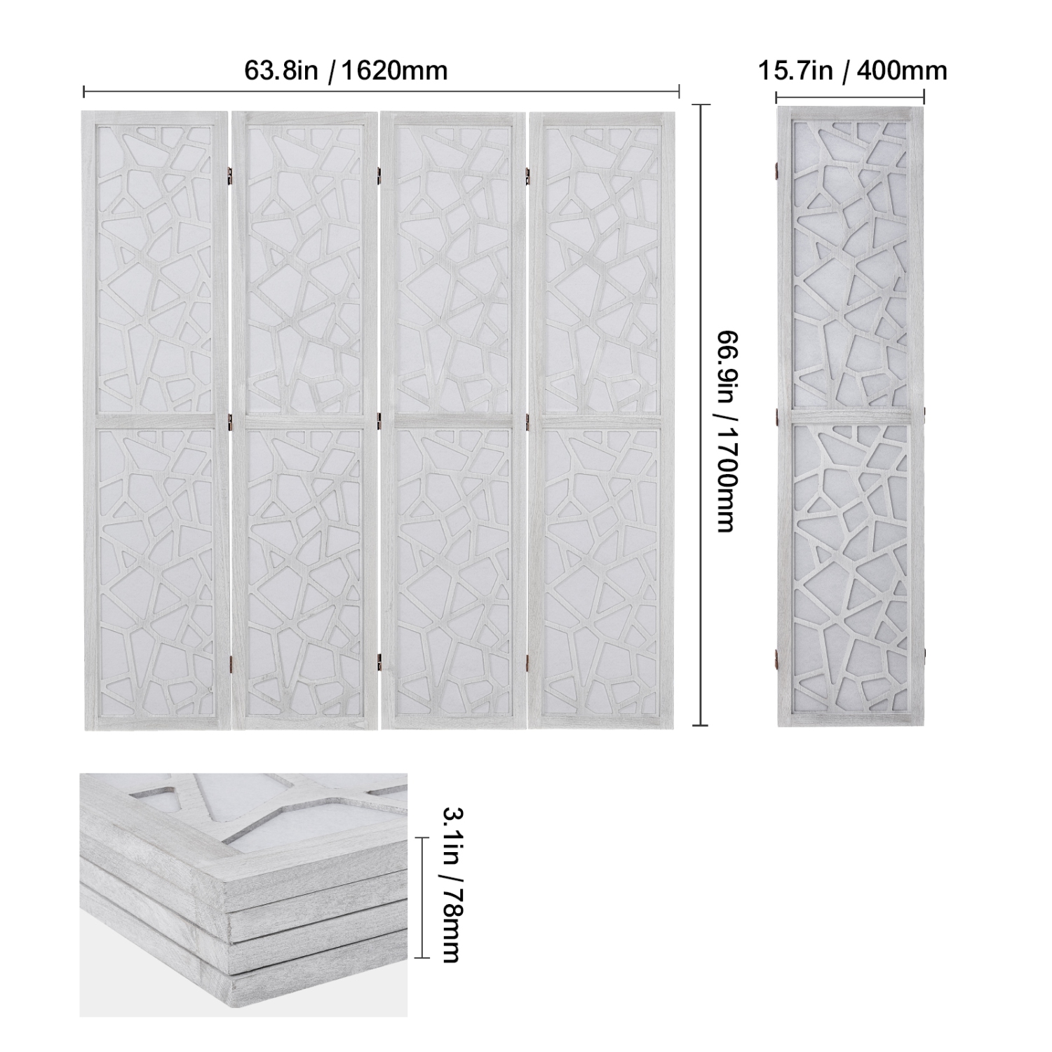 VEVOR 66.9 Inches&nbsp;Tall Wood Room Divider, 4 Panel Wood Folding Privacy Screen, Indoor Carved Wooden Partition, Portable Decoration Screen, for